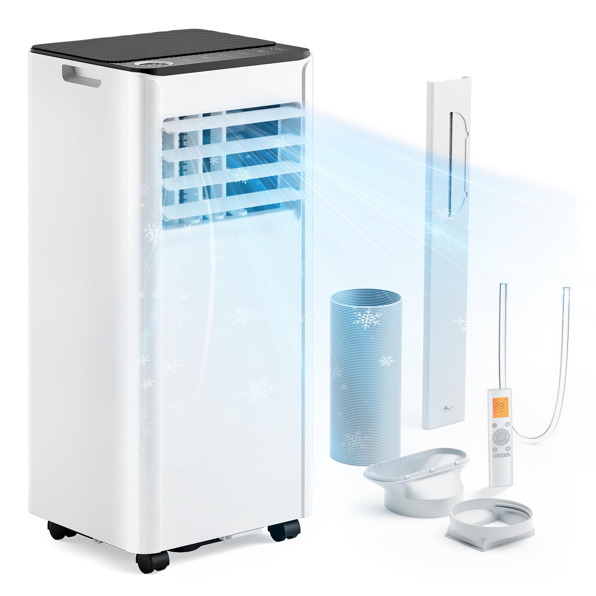 EUHOMY Climatiseur mobile 9000 BTU 2,6 kW (avec télécommande), climatiseur portable quatre en un, fonctionnement silencieux, écran LED, surface couverte 25 m², minuterie 24 heures