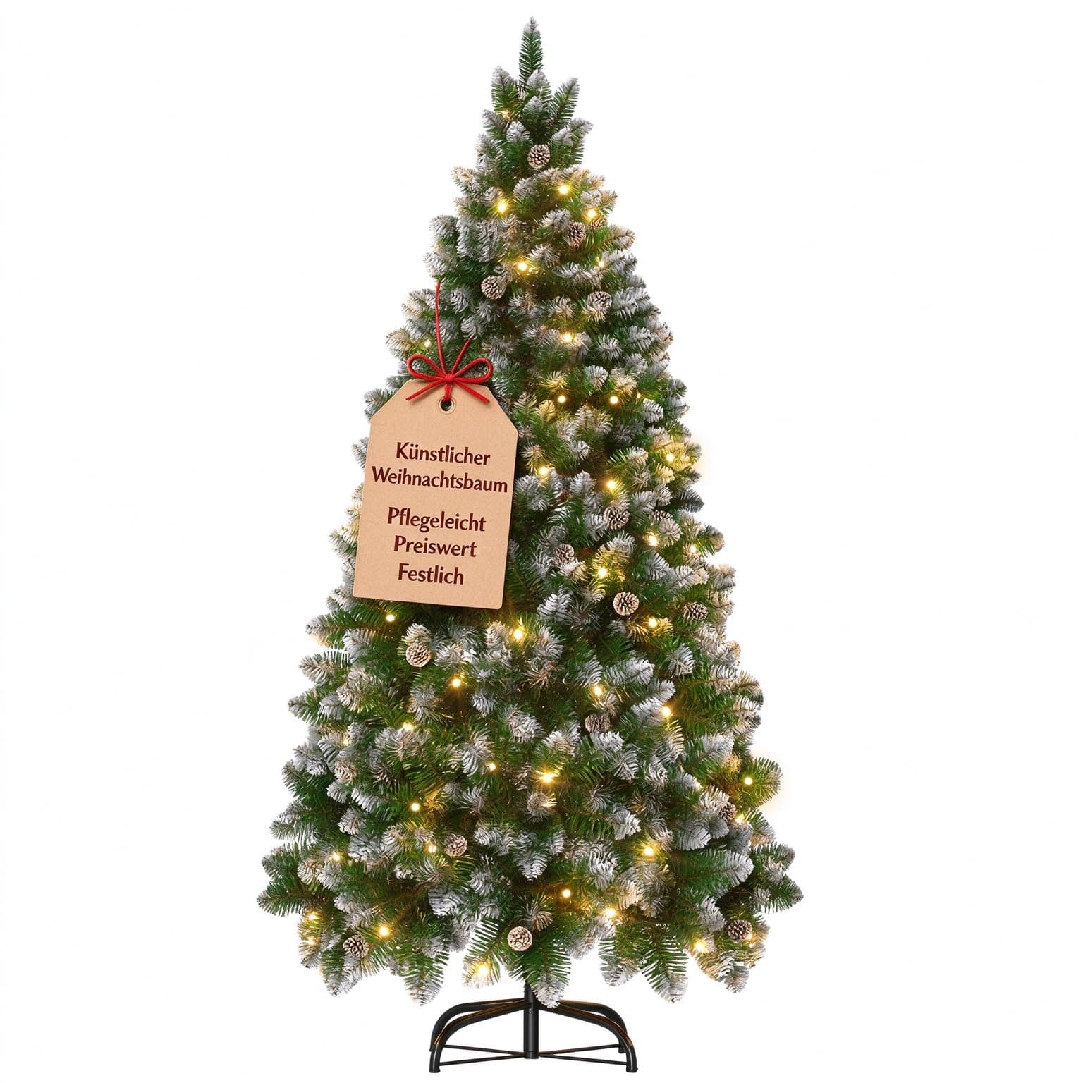 Aufun Albero di Natale artificiale con illuminazione neve e pigne 180cm | Montaggio rapido, ignifugo, con supporto (Verde PVC+LED / Effetto neve+Pigne+LED)