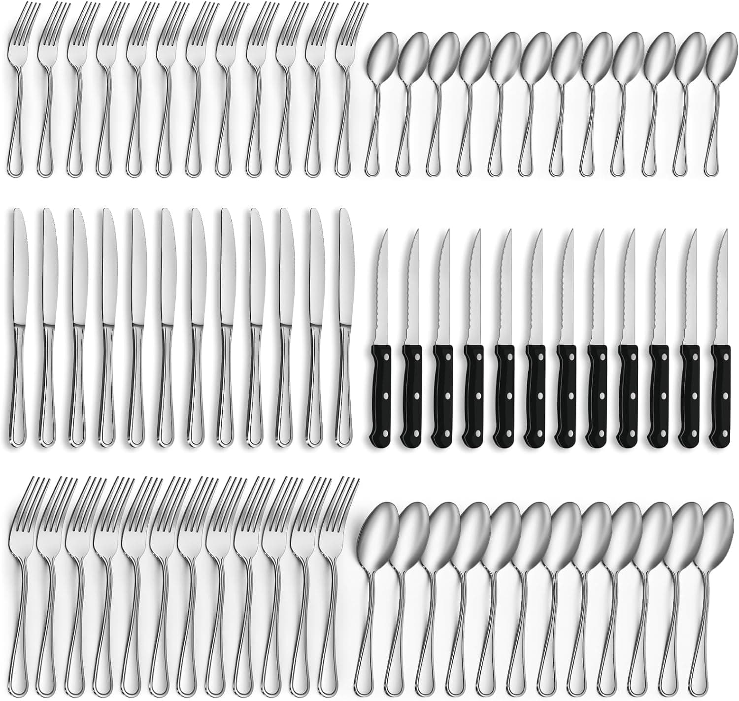 Gifcomda couverts de table avec couteau a steak, 72 pièces couverts pour 12 personnes, couvert en argent comprenant cuillère, couteau, fourchette, lave-vaisselle