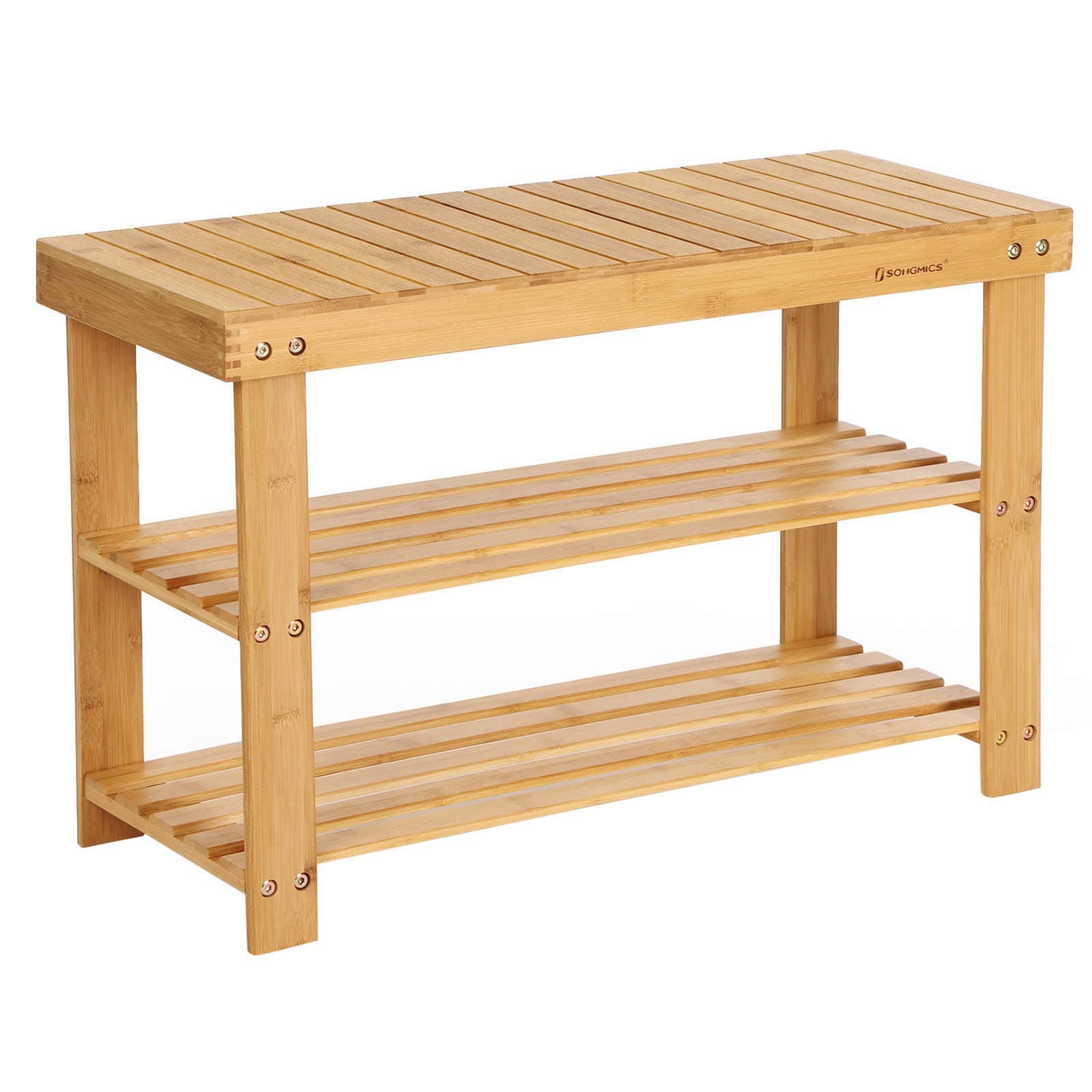SONGMICS Banco Zapatero, Organizador de Zapatos de Bambú de 3 Niveles, Banco de Pasillo, Soporta hasta 130 kg, 28,7 x 70,1 x 45,3 cm, para Entrada, Baño, Dormitorio, Natural LBS04N
