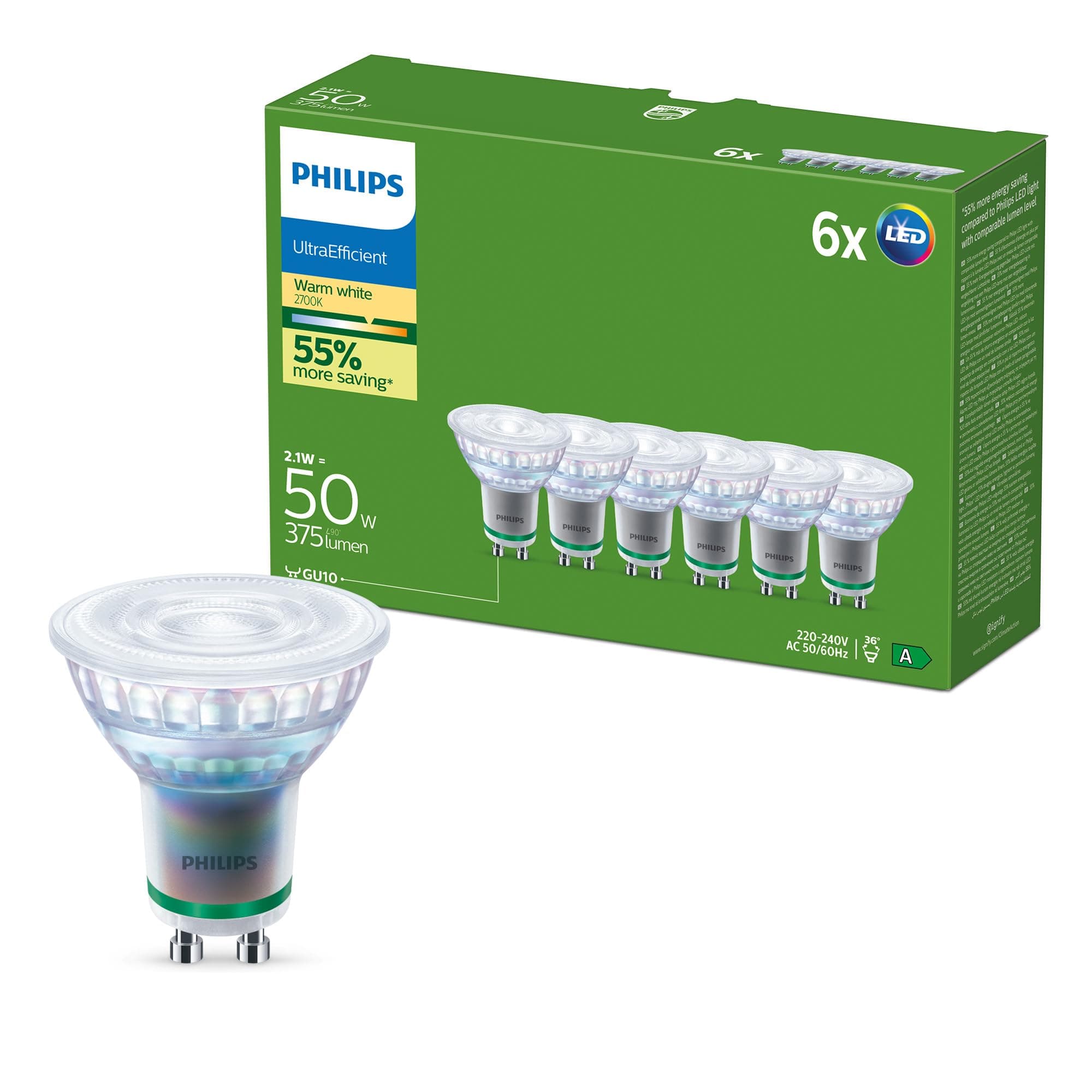 Philips UltraEfficient Foco LED Interior Techo GU10, Paquete de 6, 375 Lúmenes, 50 W, Sin Parpadeos, EyeComfort, Larga Duración, Luz Blanca Cálida 2700 K