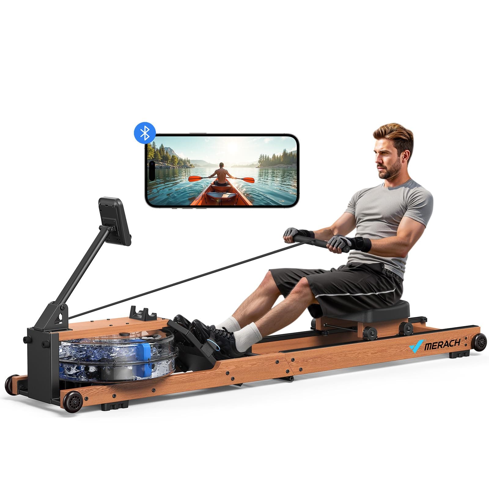 MERACH Rameur à l'eau Pliable, Rameurs D'appartement, Bois d'hévéa et siège Confortable, avec Carte Interactive et Jeux d'application exclusifs, expérience d'aviron immersive