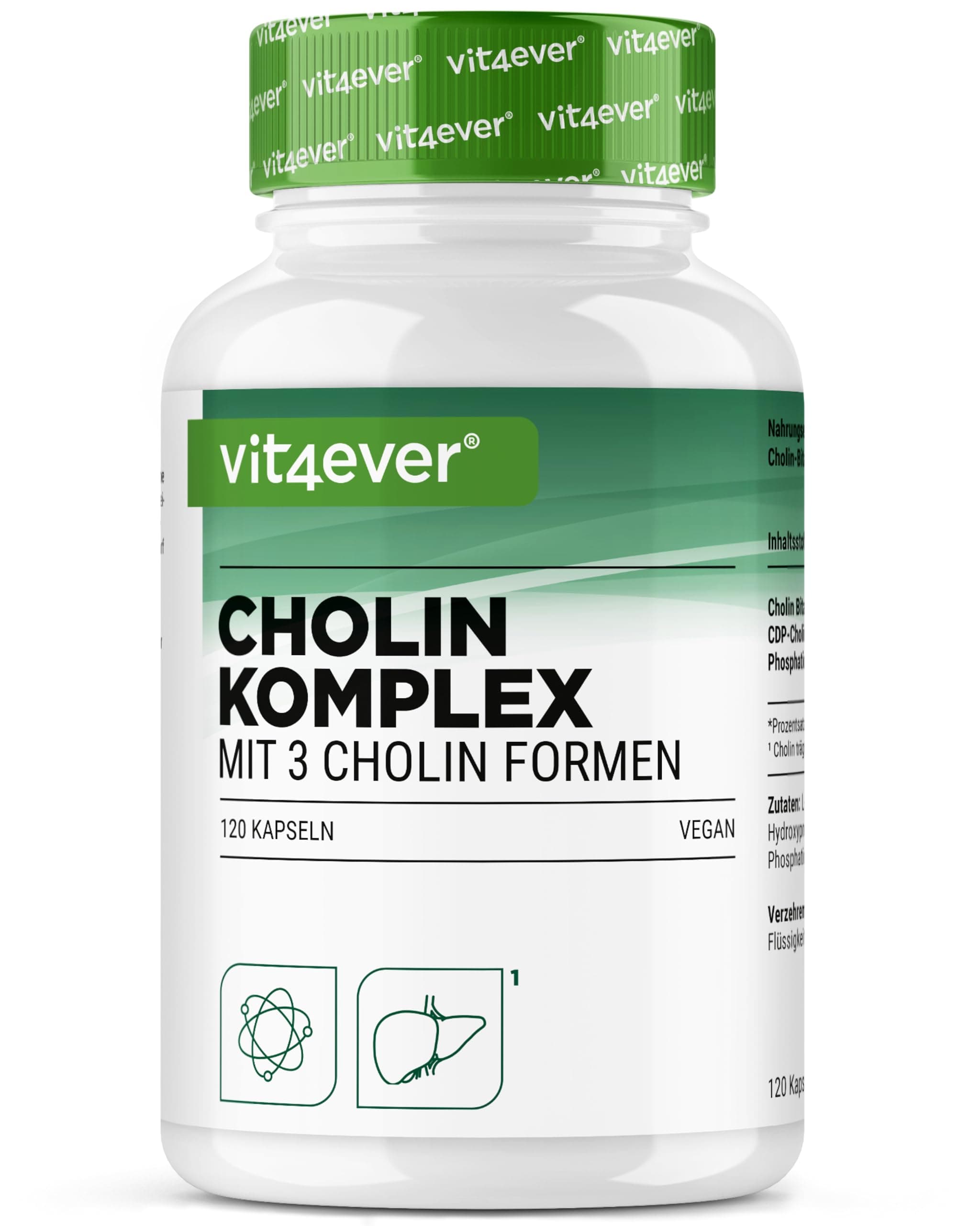 vit4ever Cholin Komplex mit 3 Cholin Formen - 120 Kapseln - Bitartrat, Citicolin & Phosphatidylcholin in synergetischer Kombination - Ohne Zusätze - Vegan