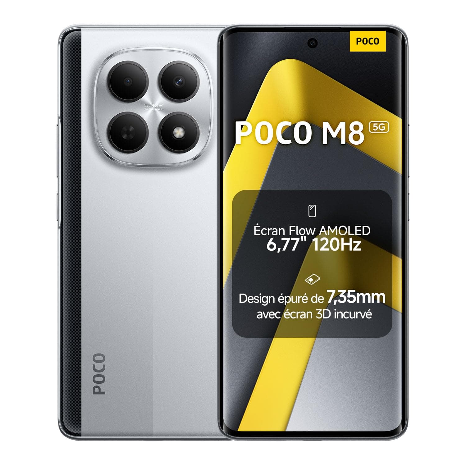 Xiaomi POCO M8, Smartphone 8+512 Go, Écran AMOLED FIow 120Hz de 6,77", Snapdragon® 6 Gen 3, Double caméra AI 50 Mpx, Design élégant incurvé en 3D, Argent, Garantie 2 Ans, Chargeur Non Inclus