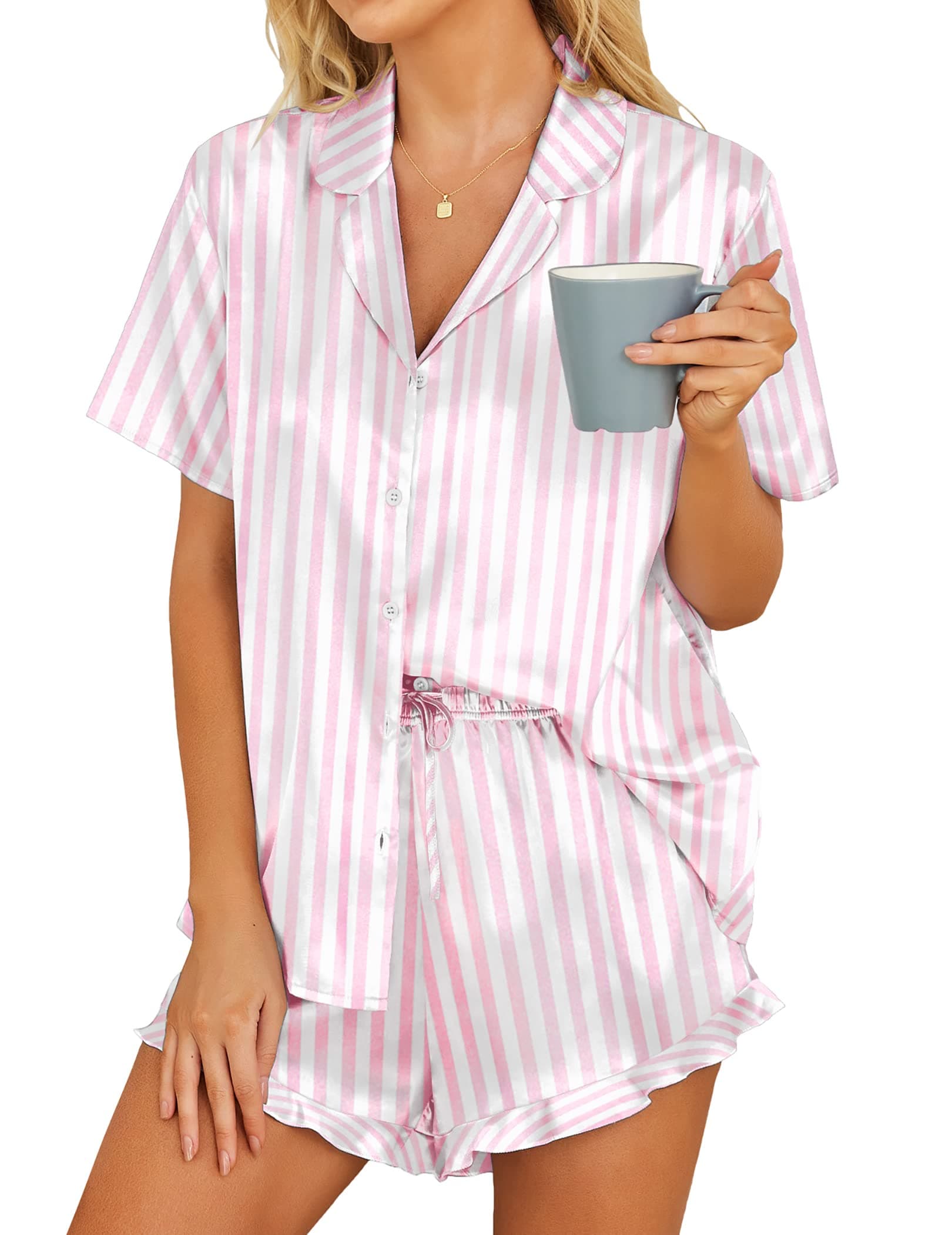 Hotouch Pigiami Due Pezzi Donna Raso a Manica Corta Scollo a V Comodo Pigiama Set XS-XXL