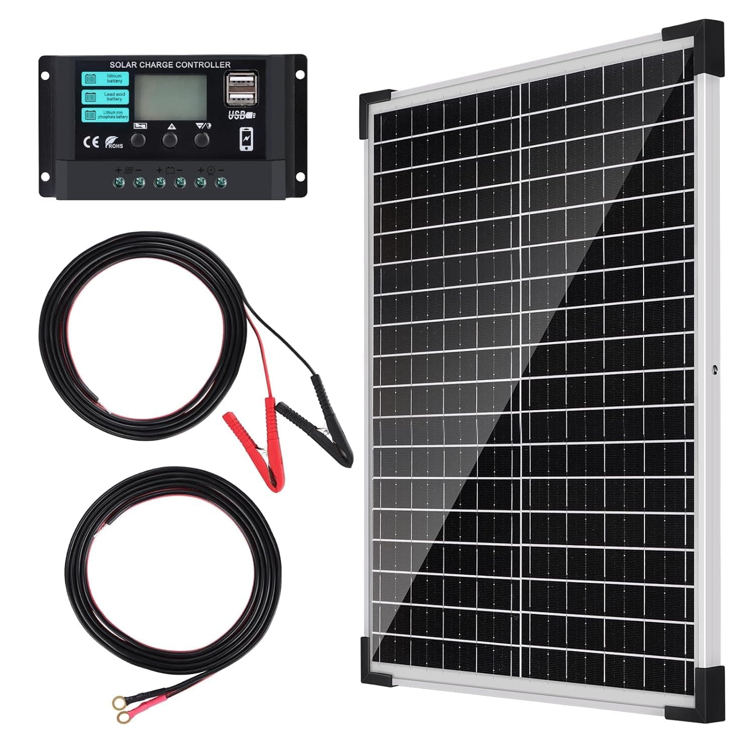 【25W Placa Solar 12V Kit】DERUXI Panel Solar 25Watt Kit Placa Solar Monocristalino: Panel Solar de 25W+Controlador de Carga de 10A+Cable con Pinzas Tipo Cocodrilo+Batería kabel,para Vehículos RV Barco