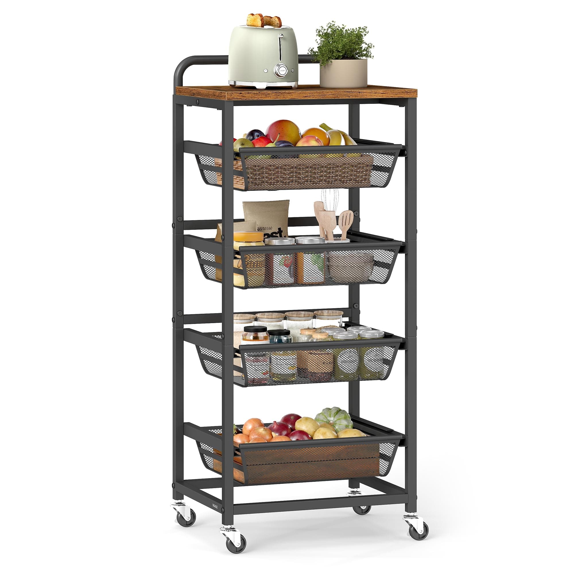 VASAGLE Carrello da Cucina a 5 Ripiani, con Cesti Scorrevoli, con Rotelle | Carrellino da Cucina, 40 x 31,7 x 95 cm, con Maniglia, Marrone Vintage e Nero Opaco, Collezione DACEY LRC041K01