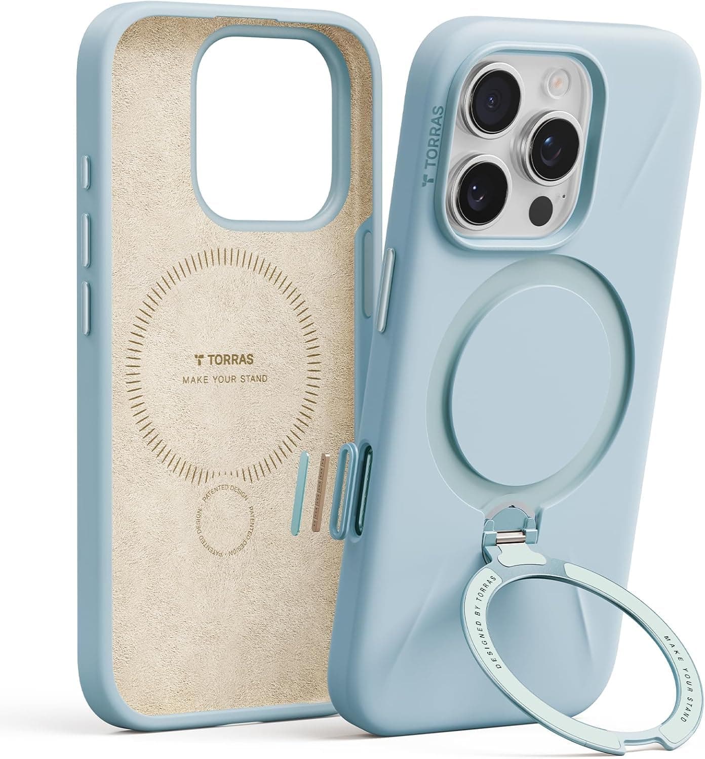TORRAS Ostand Q3 Silikon für iPhone 16 Pro Hülle (Top Flüssigsilikon) (360° Magnetischer Ständer) Handyhülle iPhone 16 Pro Case Fallschutz mit Schockabsorption Kratzfest Stoßfest Himmelblau