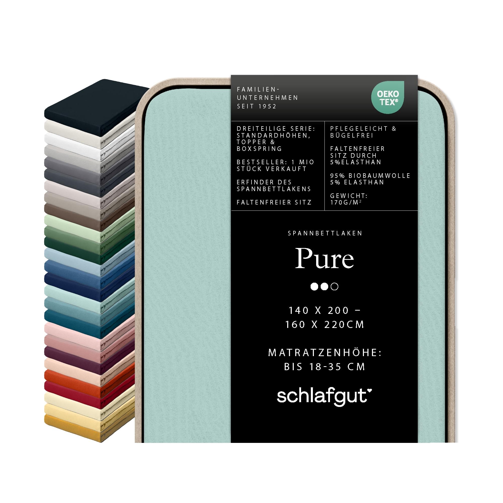 schlafgut Pure Spannbettlaken 95% Bio Baumwolle & 5% Elasthan Made in Green by Oeko TEX (140x200cm bis 160x220cm Matratzenhöhe von 18 bis 35 cm, Petrol Light)