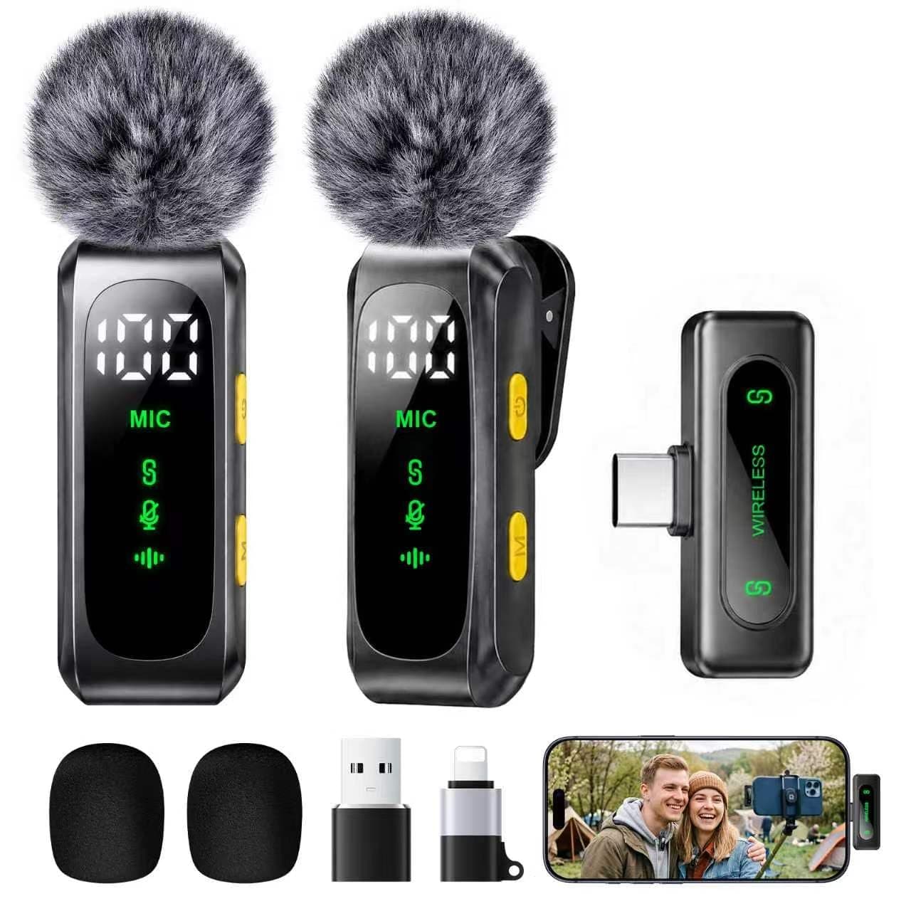 Mini Microfono lavalier wireless per iPhone, Android e PC, Microfoni Condensatore a collo con riduzione del rumore, indicatore di batteria e ventaglio anti-vento, per YouTube, TikTok (grigio scuro)