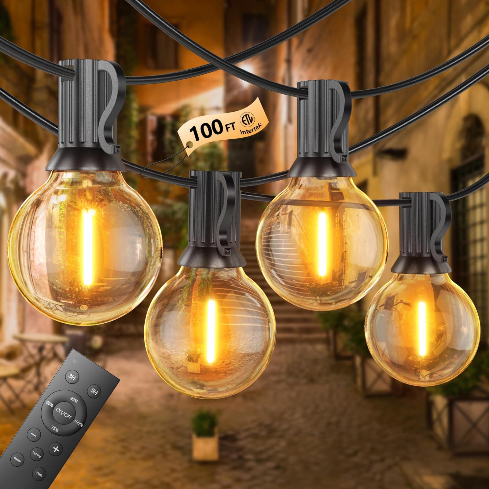Toipwen Catena Luminosa Esterno Dimmerabile con Telecomando 30M | Luci da Esterno, 50+2 lampadine, IP45 Impermeabile, 2700K Bianco Caldo, Adatto per Patio, Balcone, Campeggio, Feste