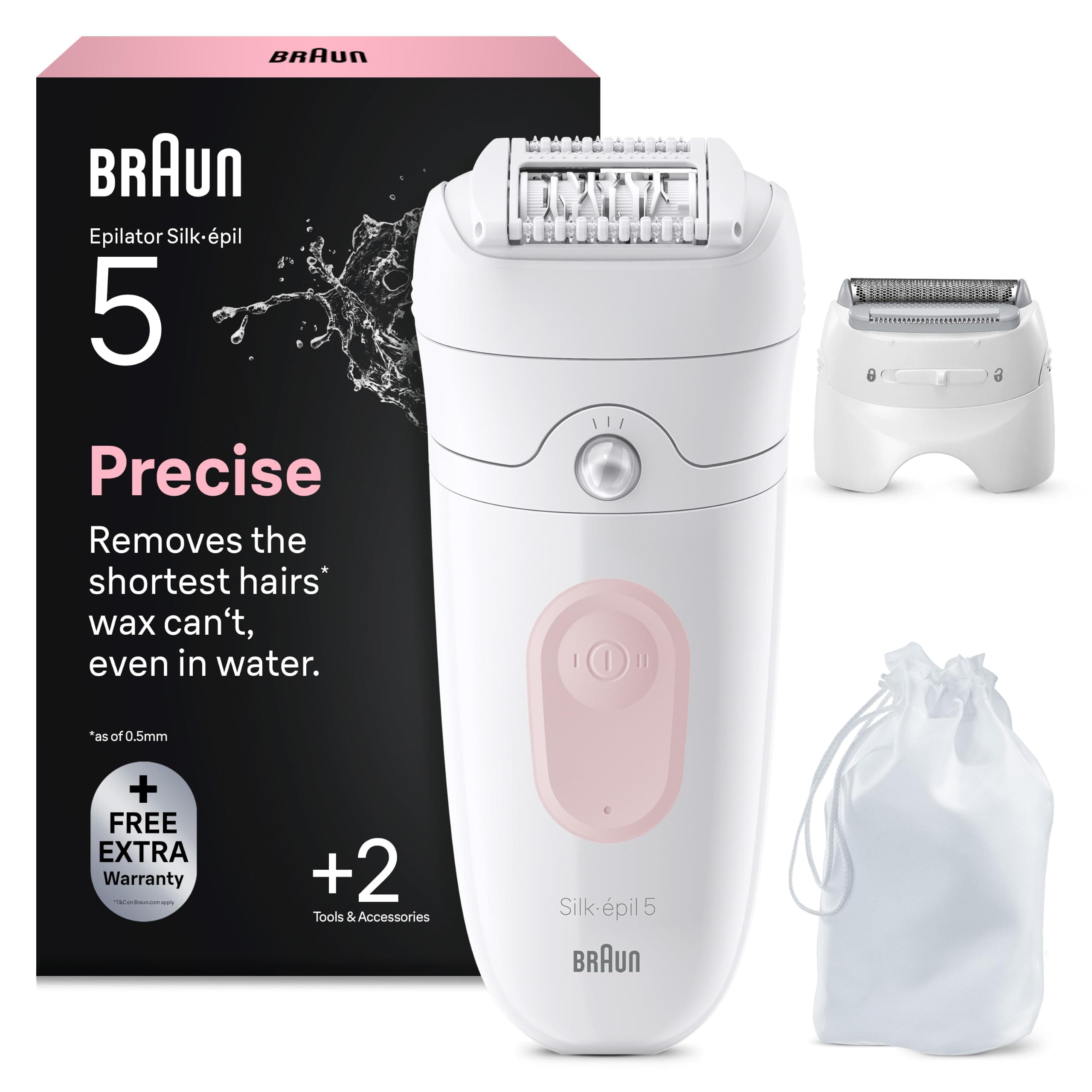 Braun Epilateur Electrique Femme Silk Epil 5, 5-030, Blanc et Rose Flamant | Etanche, sans Fil, Embout Rouleau de Massage, Coffret Epilation avec Tête de Rasage, Sabot Tondeuse