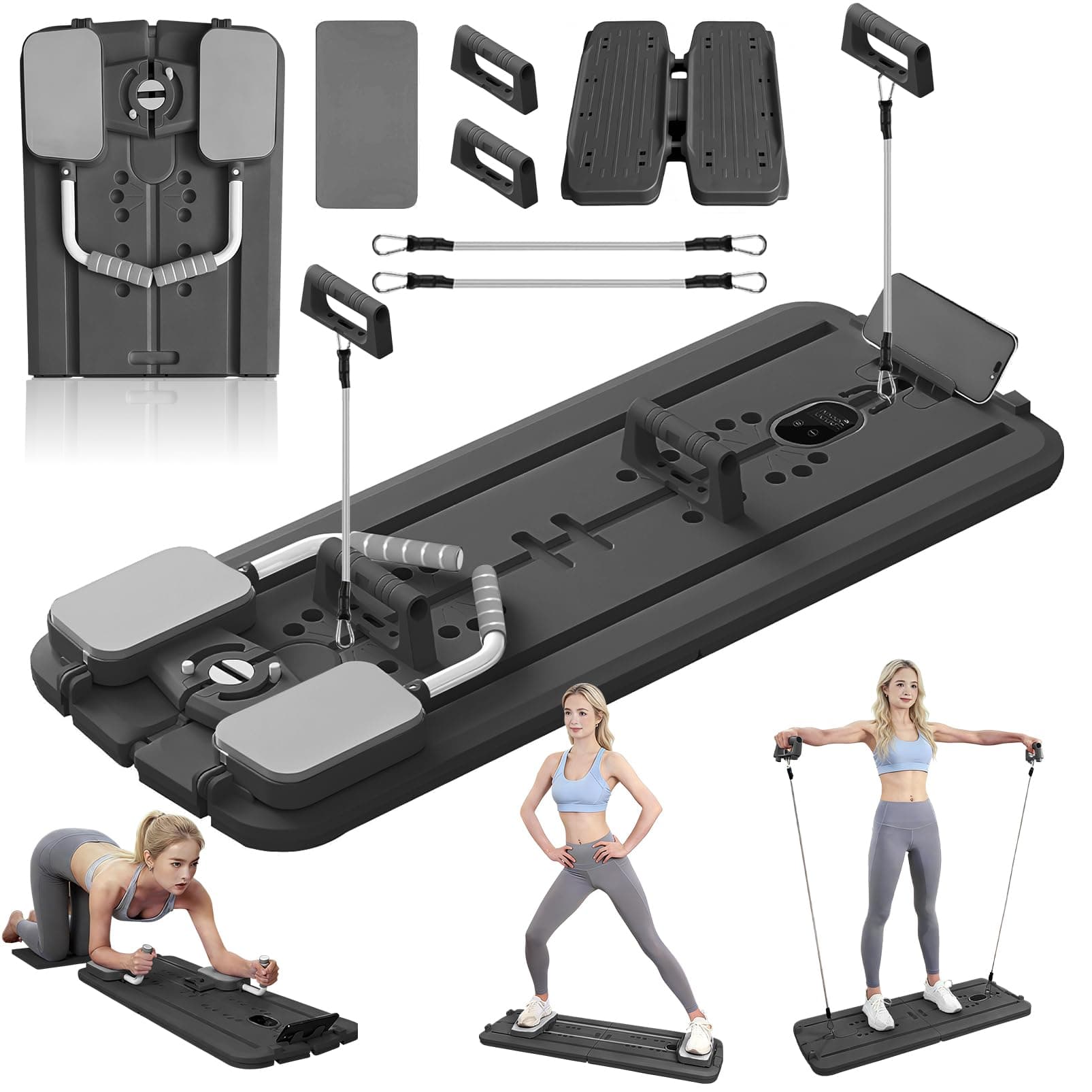 Pilates Reformer, Pilates Board Pieghevole, Tavola da Pilates Multifunzione per Casa con Macchina per Esercizi Addominali Rimbalzo Automatico, Supporto per Pompes e Corda Elastica