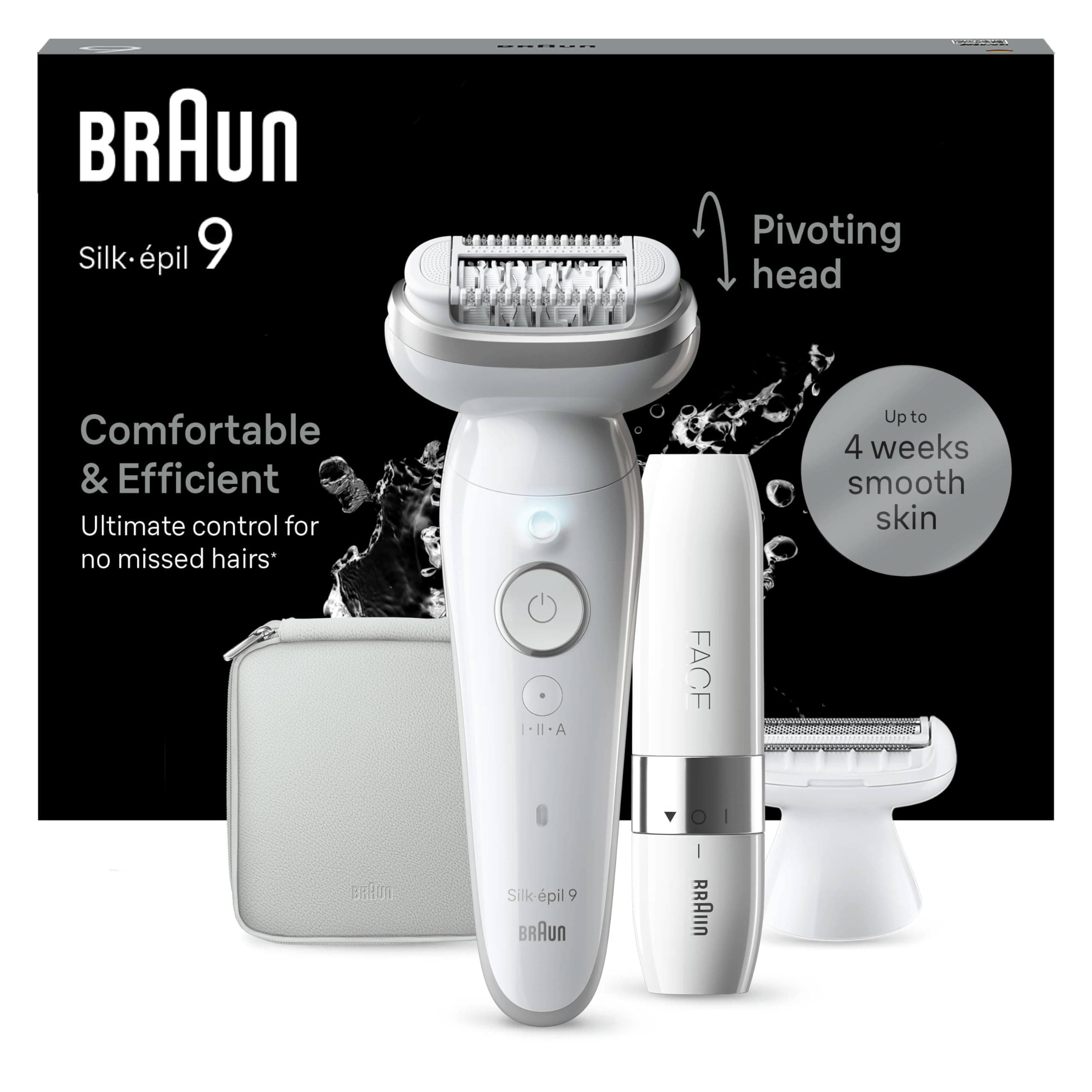 Braun Silk-épil 9 Depilatore Donna, Epilatore Elettrico Donna con Testina Flessibile per una Epilazione Semplice, Wet & Dry, Pelle Liscia a Lungo, con Testina per Rasoio Donna e Cappuccio Rifinitore
