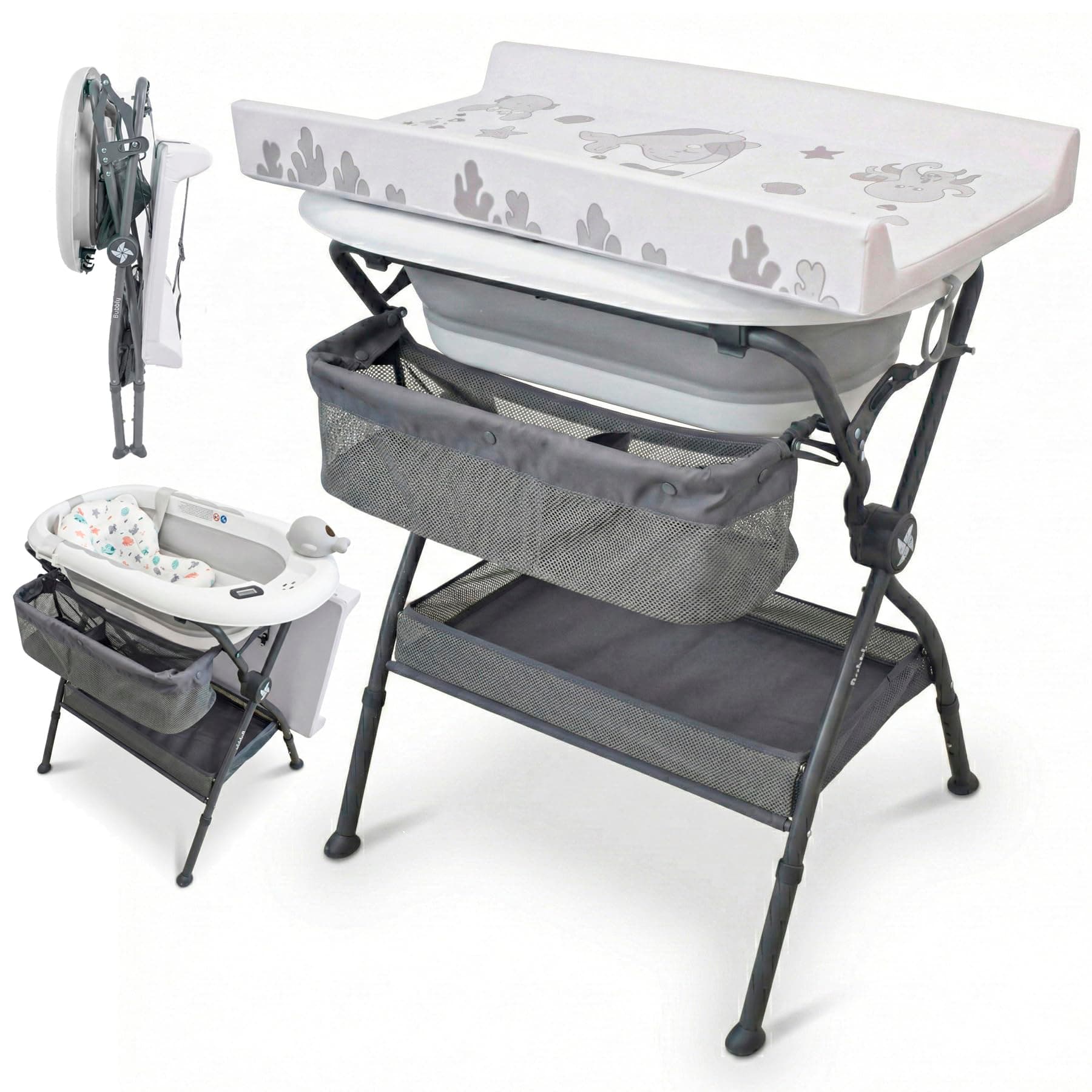 Twinly Bubbly – Table à Langer avec Baignoire Bébé sur Pied 2-en-1 | Baignoire Pliable et Pliante, Gain de Place, Hauteur Ergonomique, Thermomètre de Bain Inclus, Idéale Petites Salles de Bain (Grey)