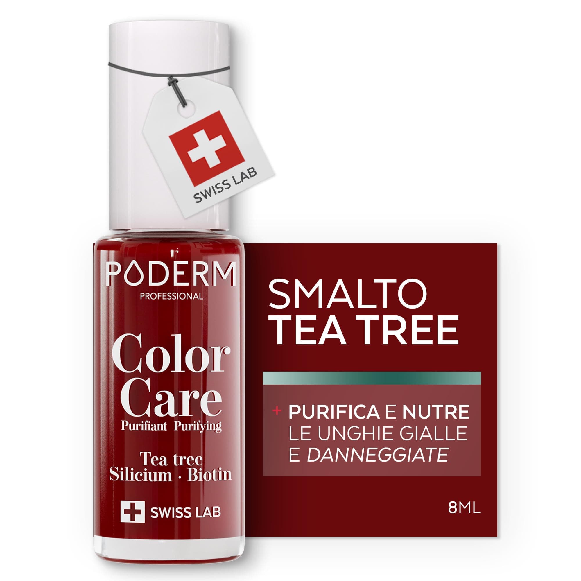 PODERM Smalto Cura per Unghie con Tea Tree - Rosso Allure | Swiss Lab - 8ML | Arricchito con Tea Tree, Silicio & Biotina | Purifica, Schiarisce & Nutre le Unghie Gialle | Creato da una Podologa