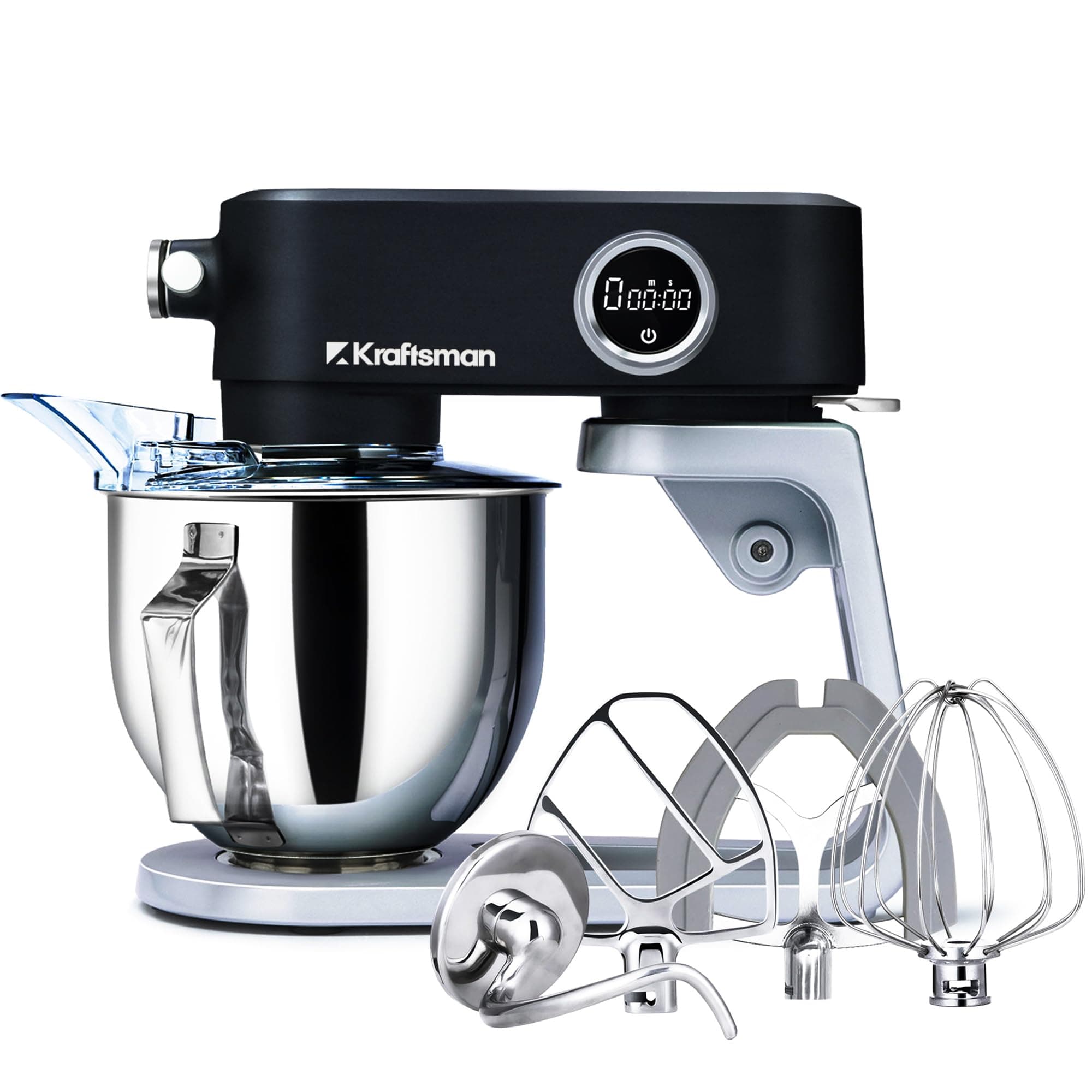 Kraftsman Robot Pâtissier, 5 L Robot de Cuisine Tout en Métal avec Port d’Alimentation Universel et Fonction Minuterie, Pétrin Professionnel à 8 Vitesses avec Batteur, Crochet, Fouet (Noir)