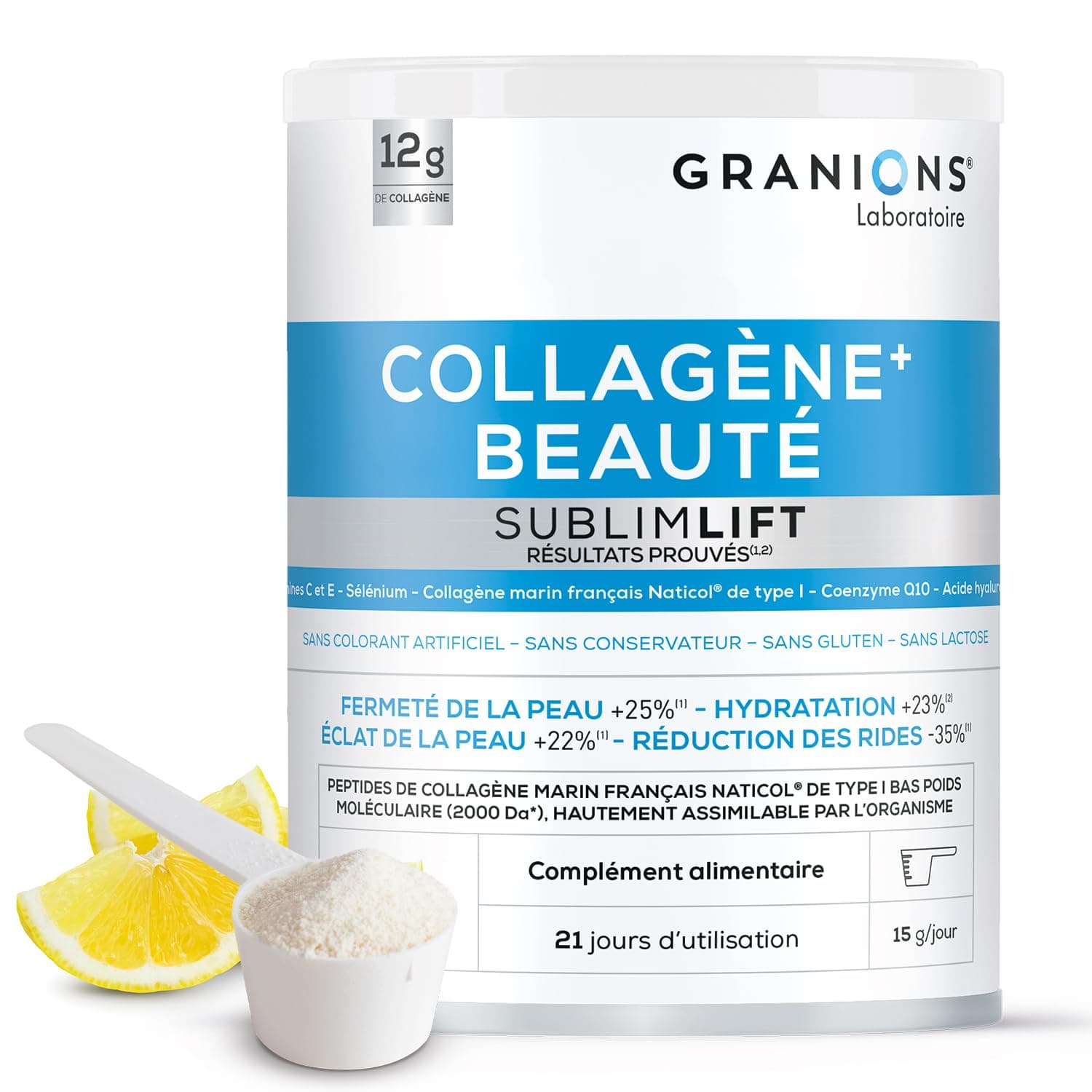 Granions - Sublimlift - Collagene Marin - Acide Hyaluronique - Goût Citron | Fabriqué en France, Breveté, Peptide De Collagene, Hydratation De Peau, Anti Ride, Anti Age, Vitamine C, Coenzyme Q10, 300g