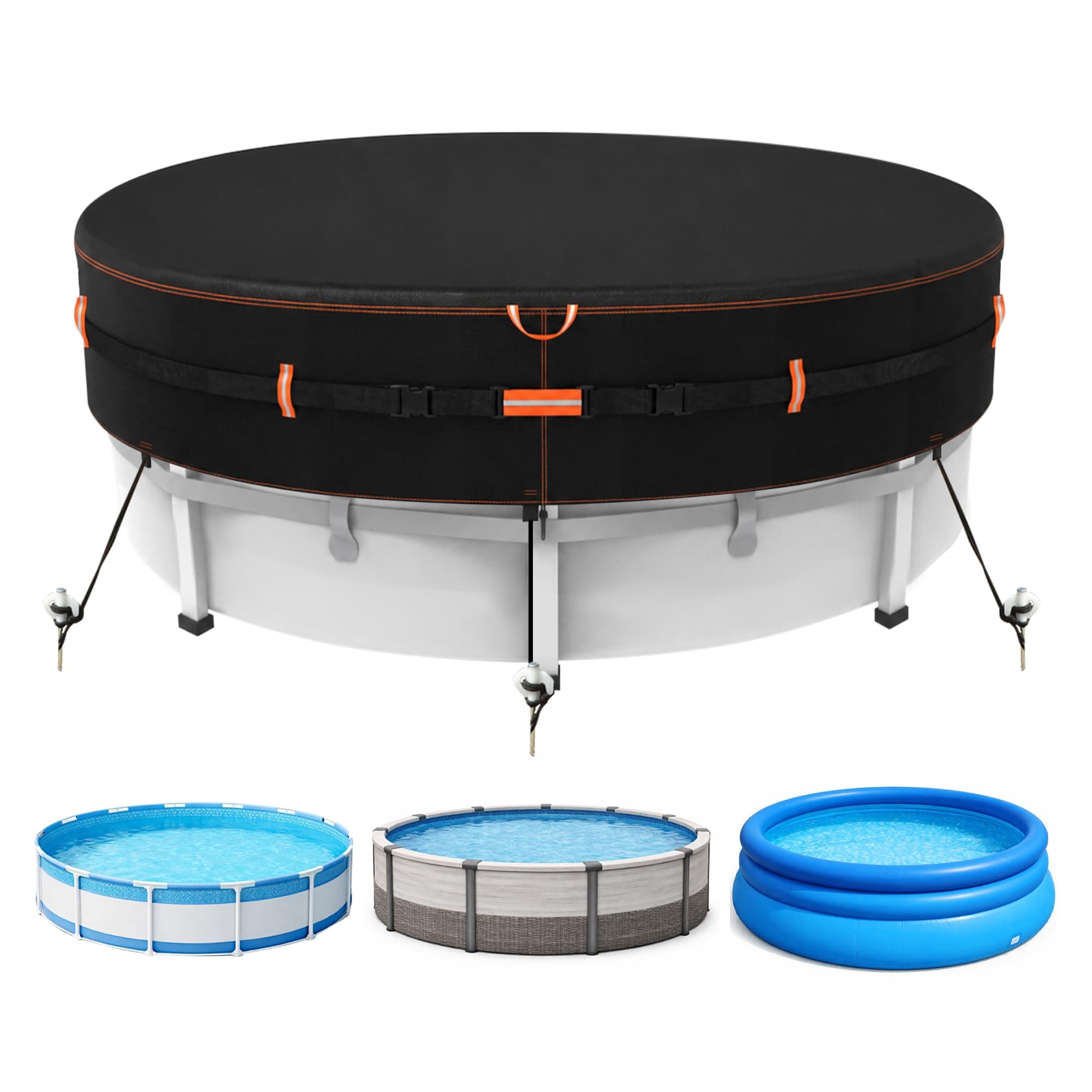 Neuradical 500D Bâche Ronde pour Piscine, Couverture en Tissu Ultra-résistante pour Piscines Hors Sol, avec Cordes d'attache et Clous, Résistante au Vent, aux Déchirures, à l'eau et aux UV, 366 cm