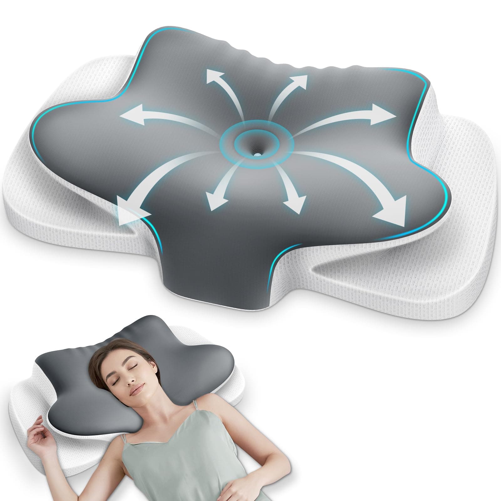 Ehomfory Cuscino Cervicale, 2 in 1 Ergonomico Cuscino in Memory Foam per Dormire, Cuscino per Supporto Cervicale con Federa Sfoderabile e Lavabile, Grigio