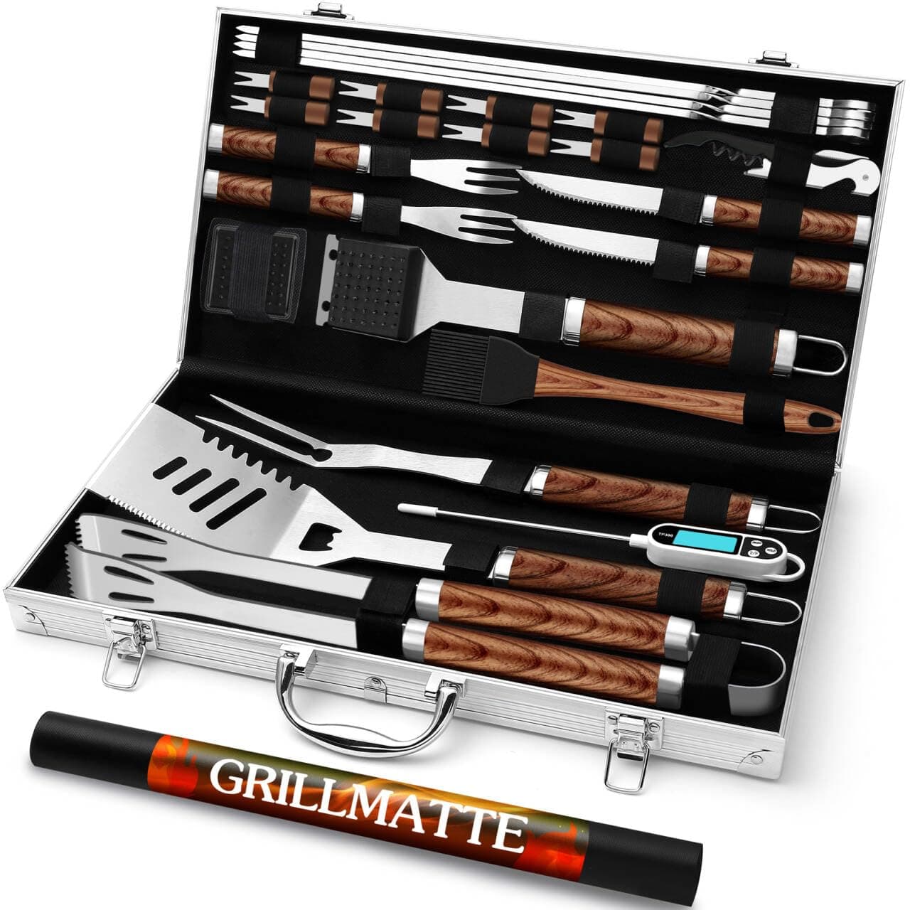 Grilliance 26pcs Kit d'accessoires pour Barbecue Professionnel, Ensemble d'ustensiles de Barbecue en Acier Inoxydable pour Cadeau Homme,Outil de Barbecue Set avec Boîtier en Aluminium Marron