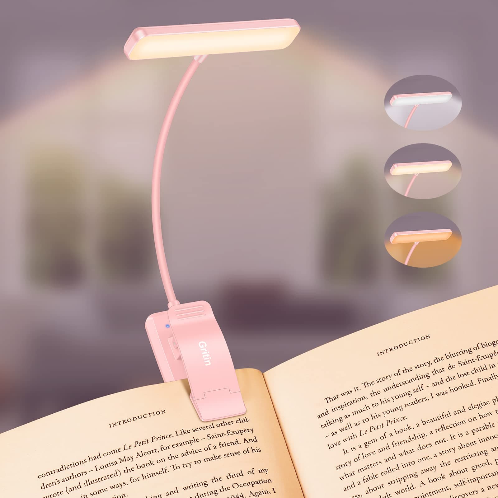 Gritin 19 LED Lampada Luce da Lettura per Libro, Luce per Lettura Libri a Letto con Clip Ricaricabile, 3 Temperature di Colore, Dimmerabile Senza Livelli, Lunga Durata, per Studio-Rosa
