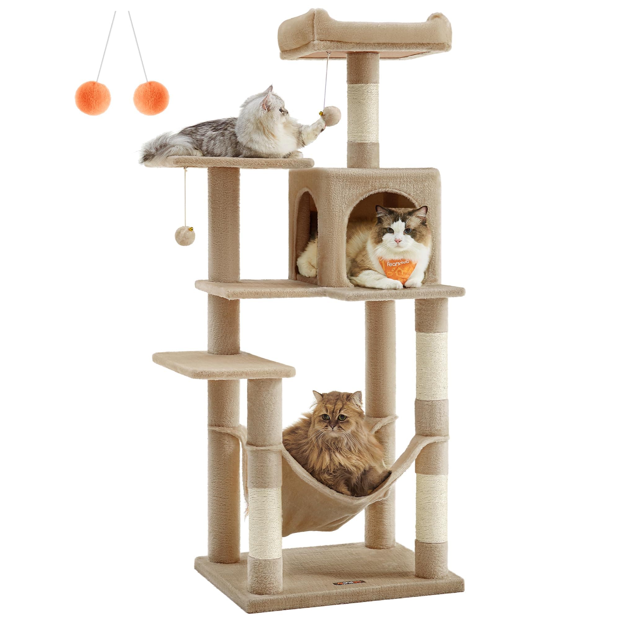 Feandrea Arbre Ă Chat, Hauteur 143 cm, Taille L, Multi-Niveaux | Tour de Jeux pour Chats, avec 4 Poteaux Ă Griffer, 2 Plateformes, 1 Niche, 1 Hamac, 2 Pompons, en Tissu Peluche PCT161K01