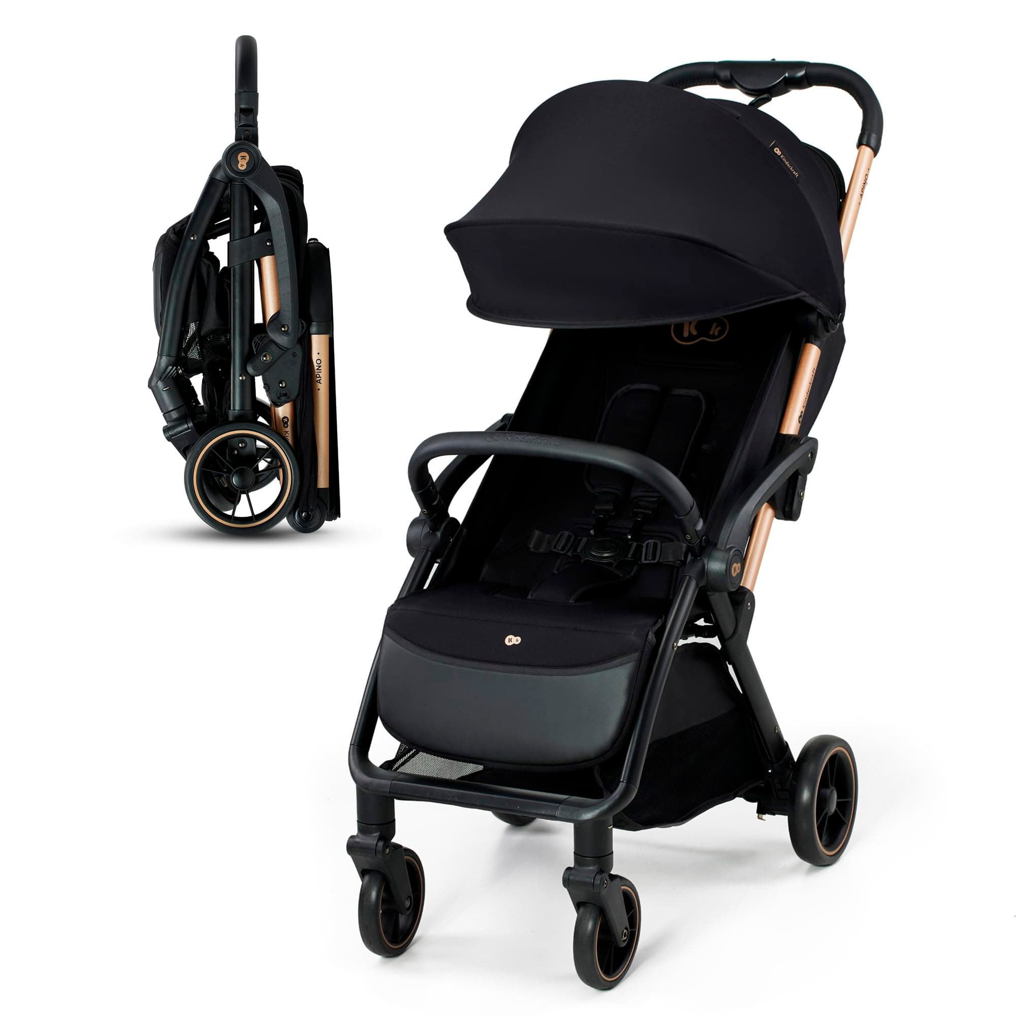 Kinderkraft APINO Passeggino Leggero fino 22 kg, Solo 7,5 Kg, Passeggino Da Viaggio, Pieghevole automatico, Schienale Regolabile In Posizione Sdraiata, Copertura Antipioggia, Nero