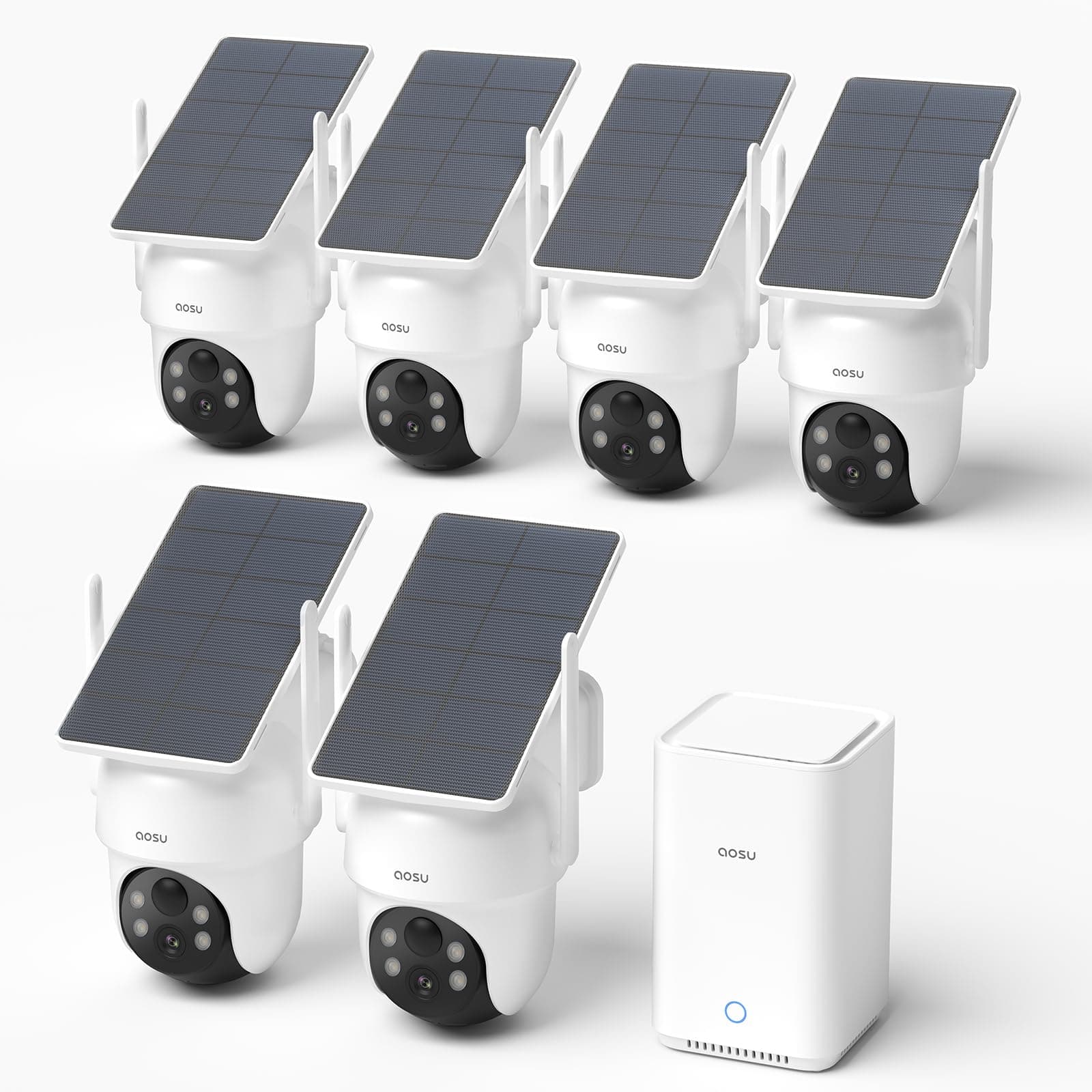aosu 3K Cámara de Vigilancia WiFi Exterior Solar, Kit 6 Cámaras con aosuBase 2.0, Sin Suscripción, hasta 1 TB (32 GB Interno), 360° PTZ Seguimiento Auto AI Persona/Vehículo, WiFi 5G/2.4GHz