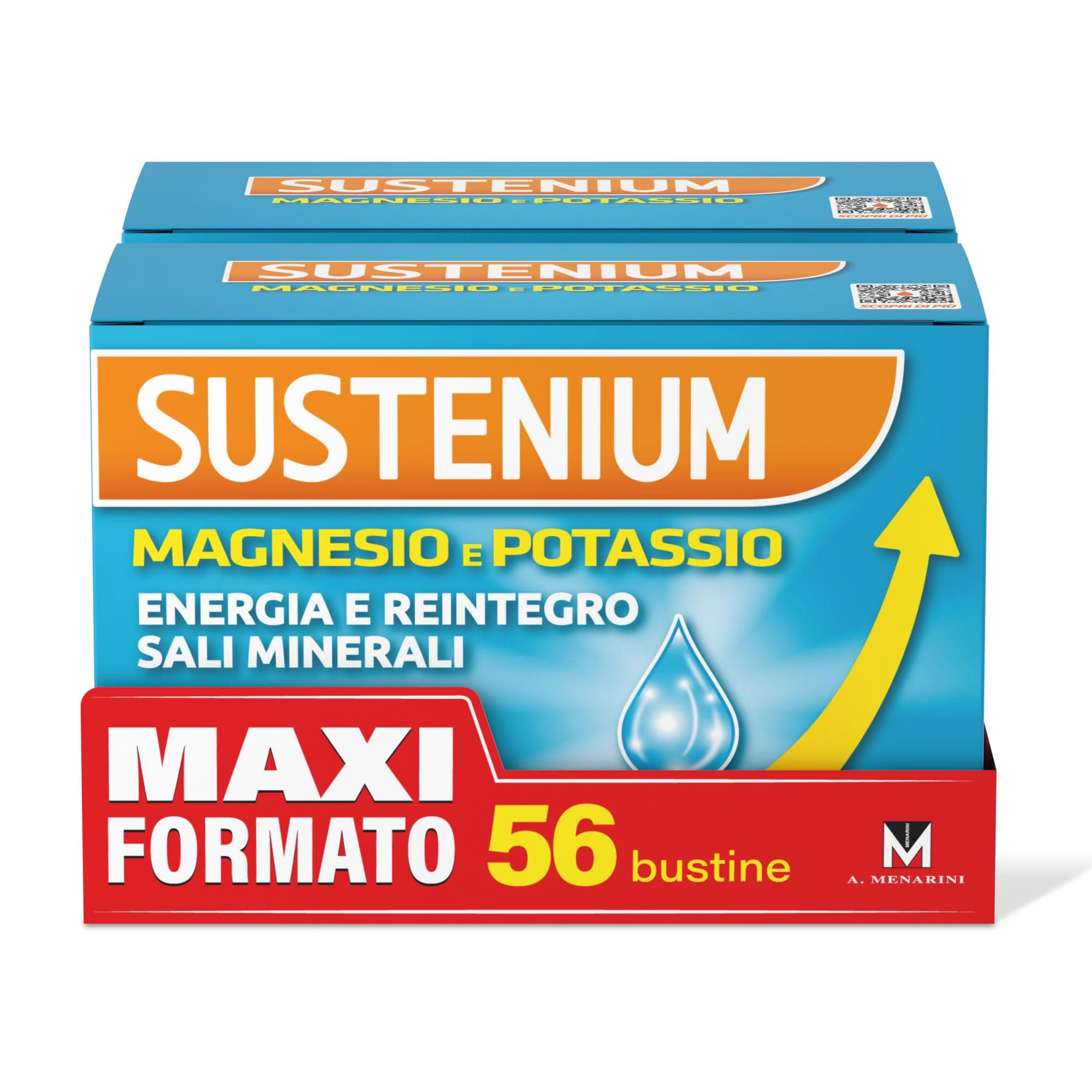 Sustenium Magnesio e Potassio, Sali Minerali, 56 Buste Autosolubili | Integratore Alimentare per Energia e Reintegro Sali Minerali, Senza Zuccheri o Glutine, Adatto ad una Dieta Vegana