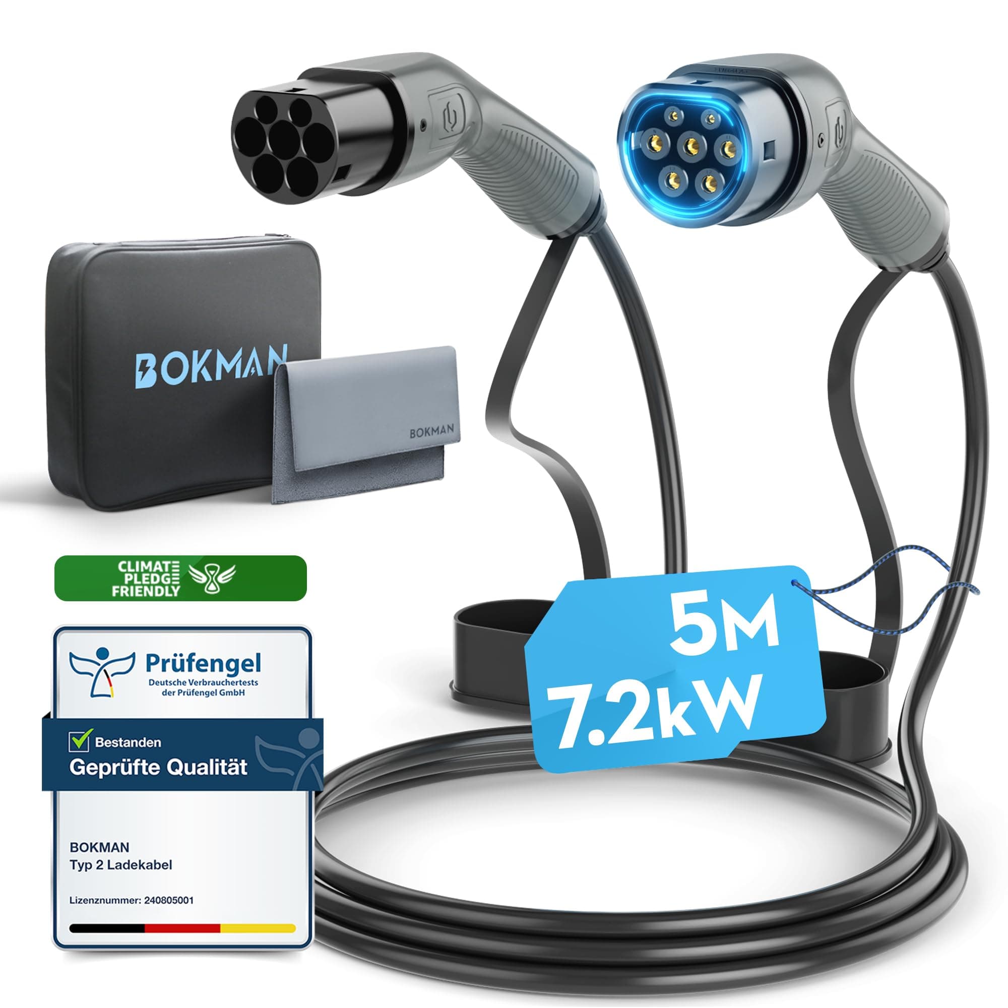 bokman EV Cable de Carga Tipo 2, 7,2kW / 32A / Monofásico / 5 Metros/Modo 3, Cable de Carga Rápida Híbrido Enchufable para Vehículo Eléctrico Tipo 2 a Tipo 2