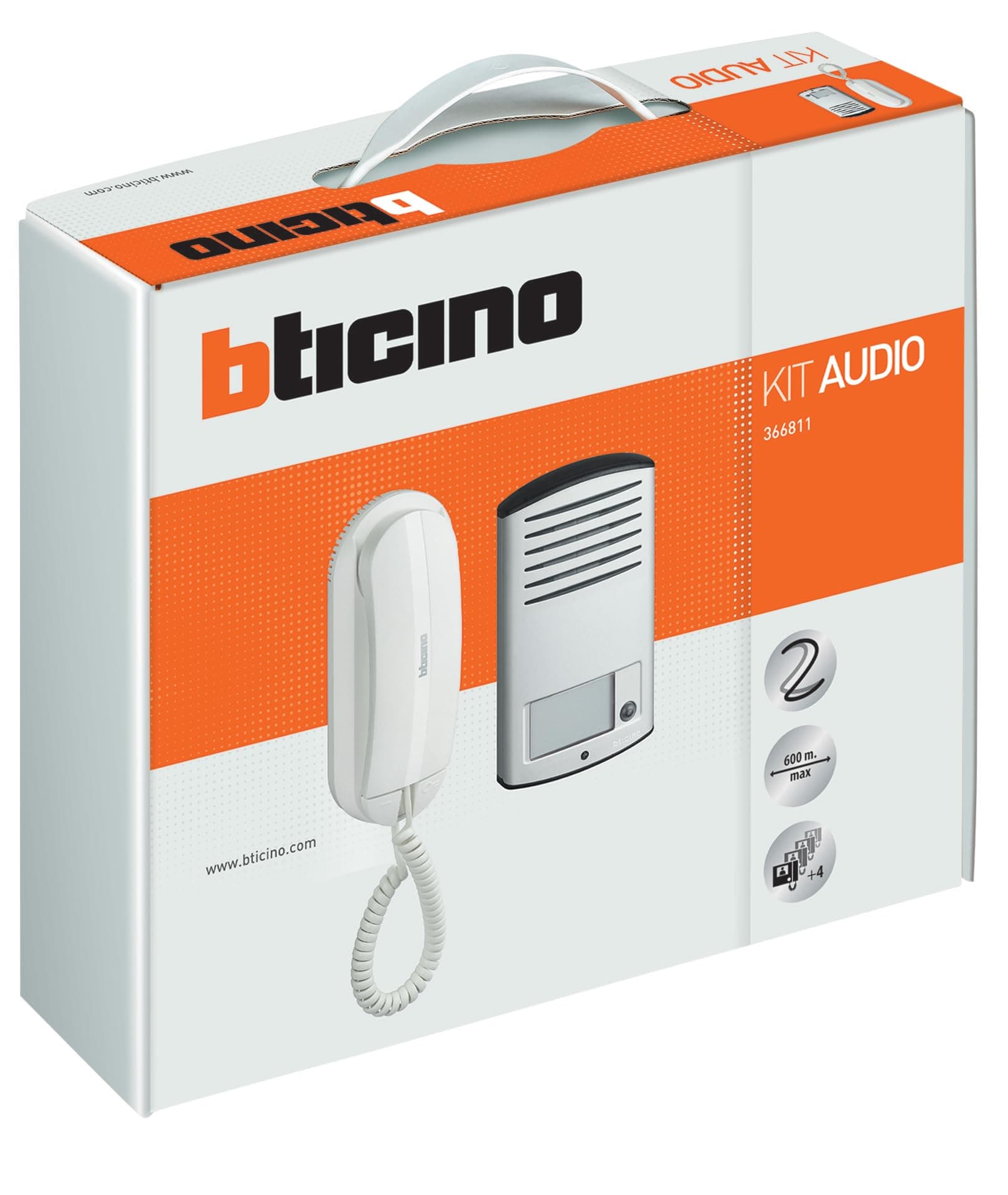 BTICINO Kit Audio Monofamiliare 2 Fili, Citofono con Cornetta Bianca Sprint L2 e Pulsantiera Linea 2000 in Alluminio con 1 Chiamata, Installazione da Parete, 366811