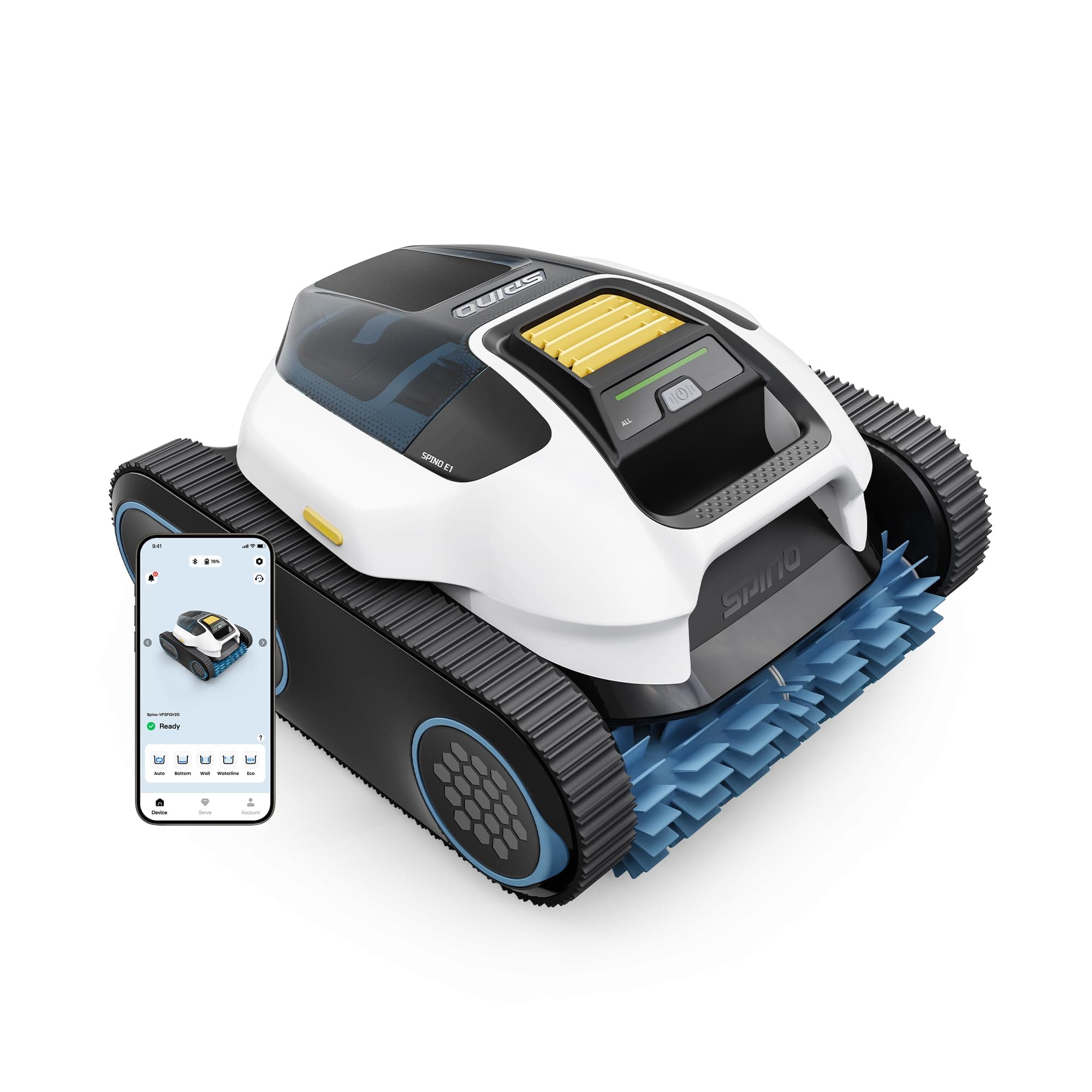 Spino E1 (2026 Nouveau) Robot Piscine, Parois, Sol et Ligne d’Eau, Puissance 21950 LPH, Autonomie 210 Min, 5-en-1 Mode, Navigation SmartArc et Contrôle App, pour Piscine Jusqu’à 150 m²