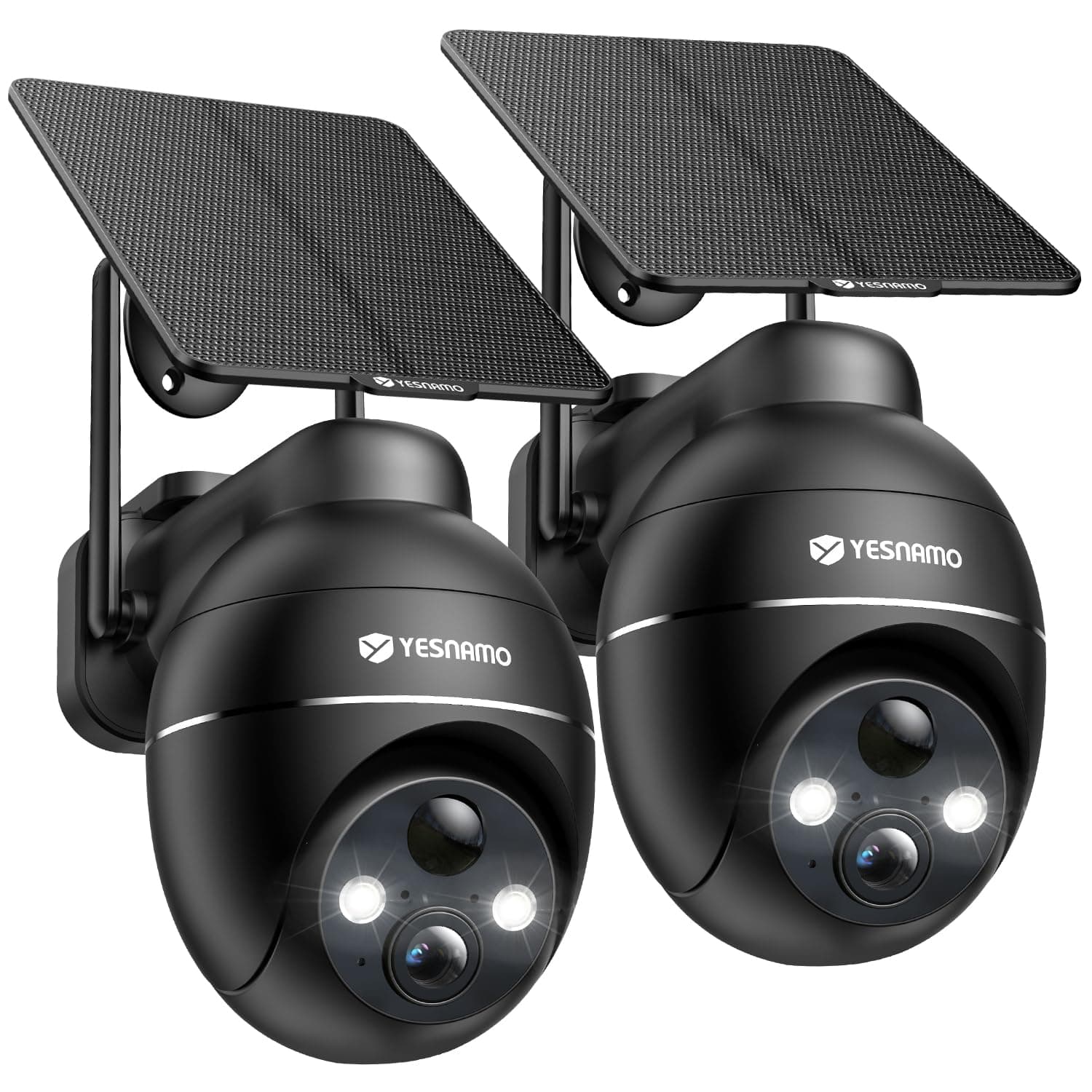 YESNAMO Camara Vigilancia WiFi Exterior Solar 2K sin Cables Pack 2, Camaras de Vigilancia para Dos Zonas, Panel Solar con Batería Recargable, 360° PTZ, Visión Nocturna Color, sin Suscripción (Negro)