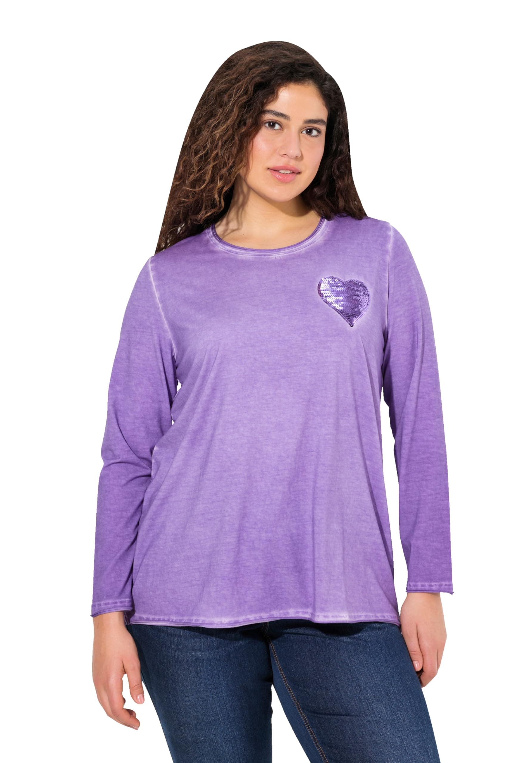 Ulla Popken Damen große Größen Übergrößen Plus Size Shirt, Cold Dyed, Pailletten-Herz, V-Ausschnitt, Langarm 831724