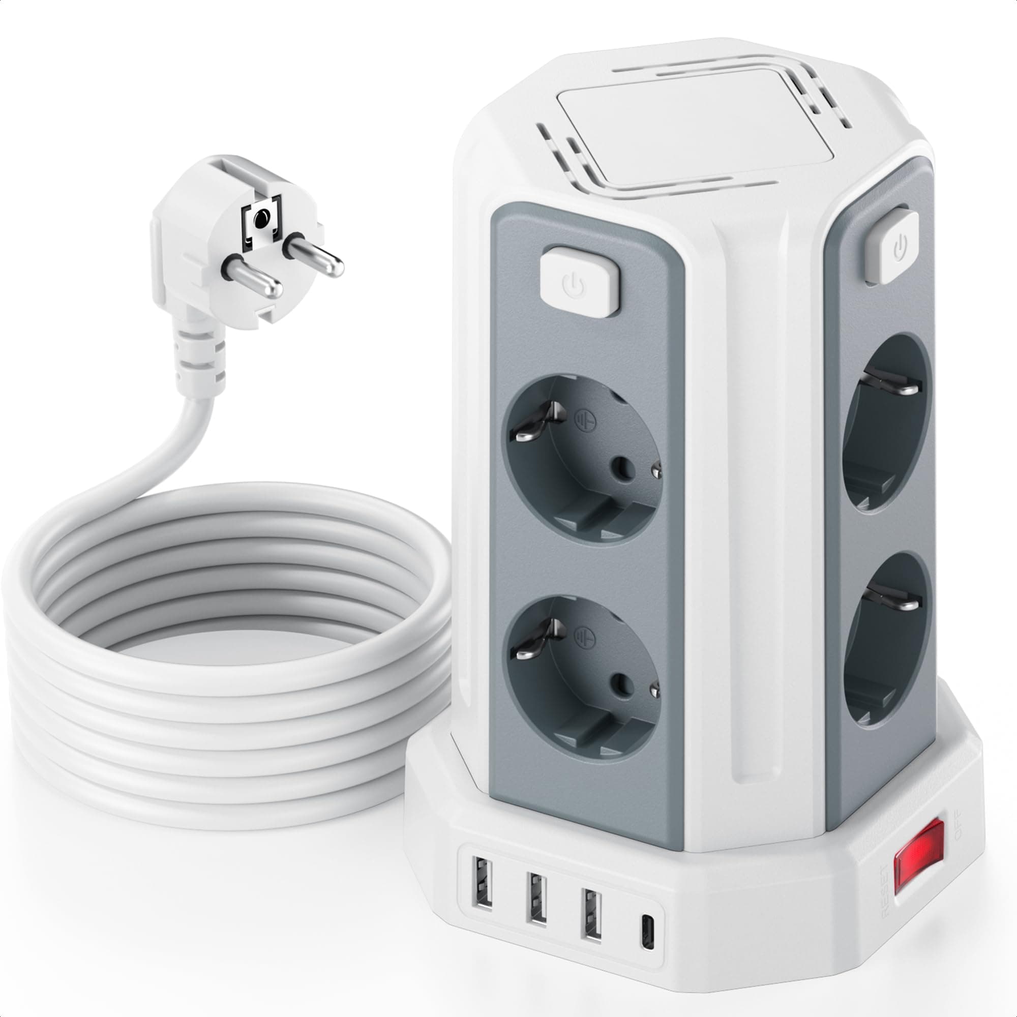 Tour Multiprise avec Interrupteur, Multiprise Parafoudre et Surtension avec 8 Sortie AC et 4 Ports USB(Max 5V/3.4A) Prise Multiple Rallonge Electrique 3M Convient pour Maison, Bureau, Blanc