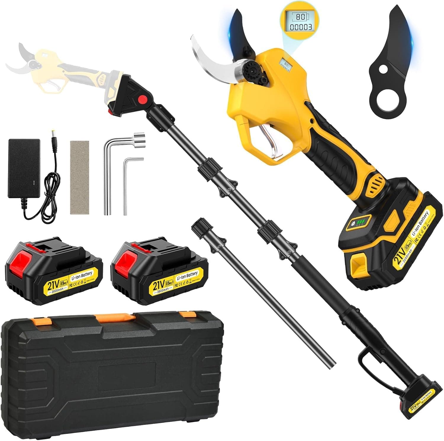 Sécateur Électrique Sans Fil avec Perche et Boîte, 50mm Sécateur Telescopique Electrique 2-en-1, Portée Totale 4,0 m, avec Écran et Réglages Sécateur à Batterie 4000mAh pour Les Branches et Arbustes