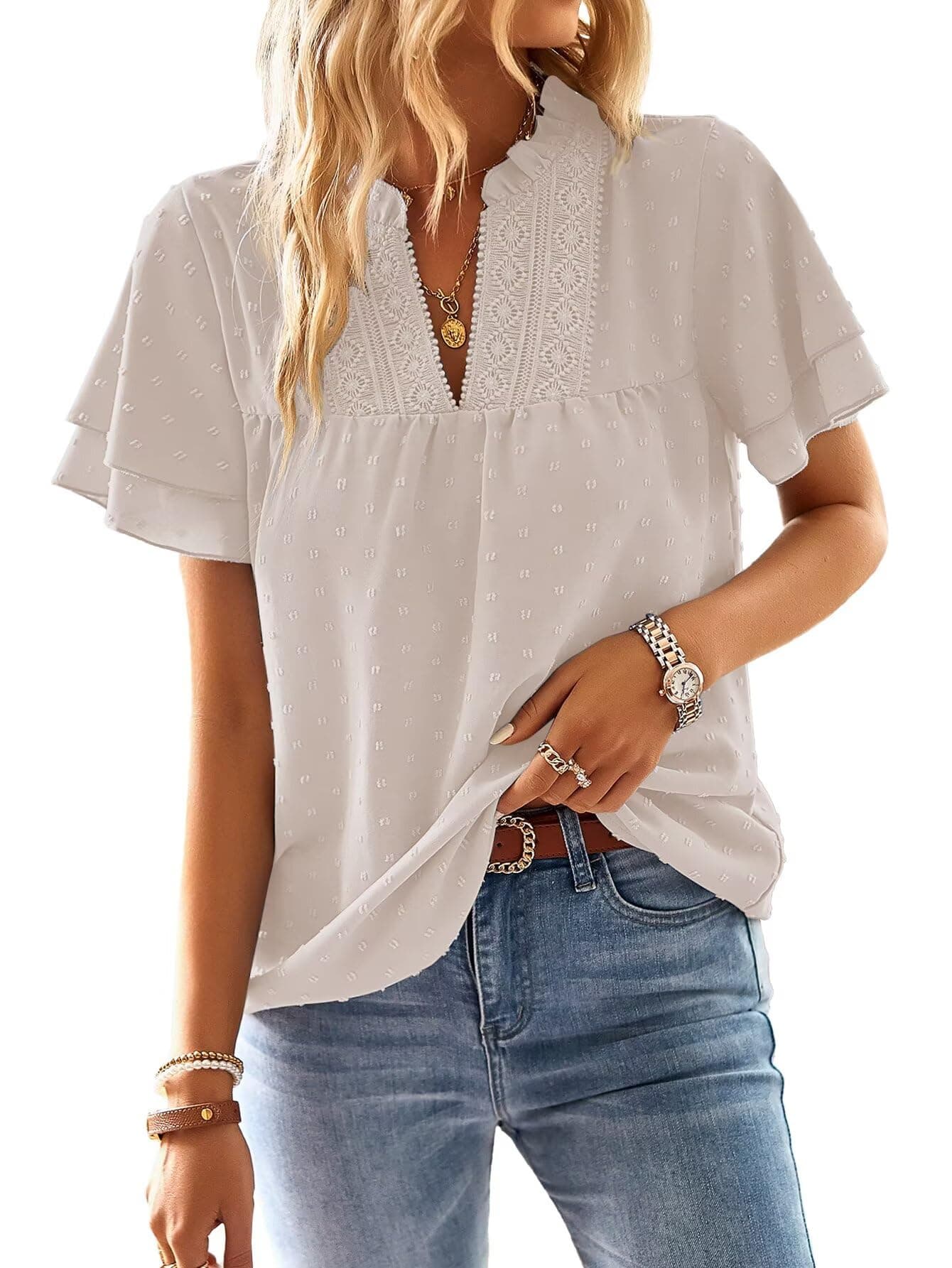 TUUHAW Chemisiers et Blouses Femme à Manches Courtes d'Été Col en V Tunique Bohème Fluide Chemise Élégant Lâche Plissé Blouse