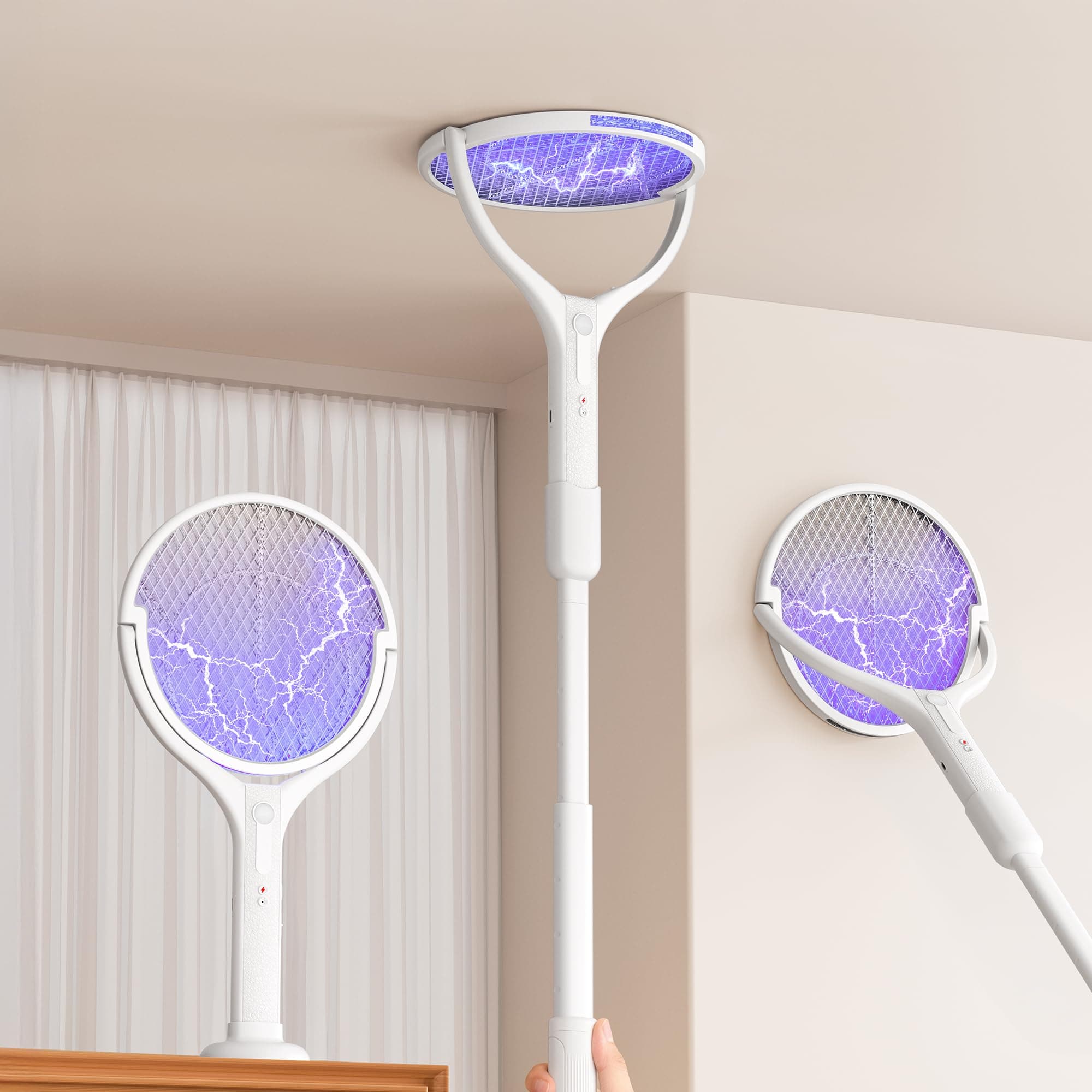 BKXCHA Raquette Electrique Insectes Puissante 4000V avec Perche Télescopique & Tête Rotative, 1800mAh Recharge USB Raquette Moustique Electrique, 2 en 1 Piège Moustique pour Intérieur Extérieur