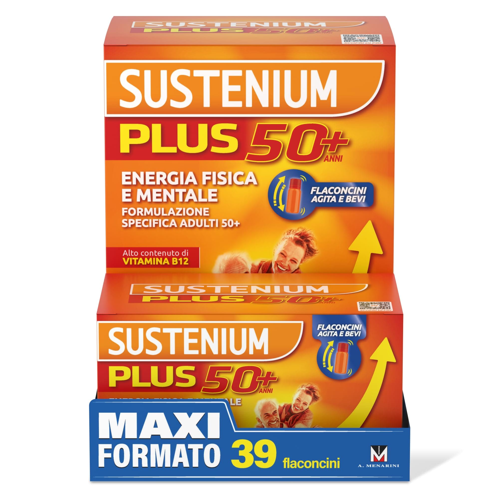 Sustenium Plus 50+ Integratore Alimentare Energizzante con Vitamina B12 ad Alto Contenuto, Formula per Adulti 50+ in Pratici Flaconcini. Energia in un Sorso confezione da 39 Flaconcini da 20 ml
