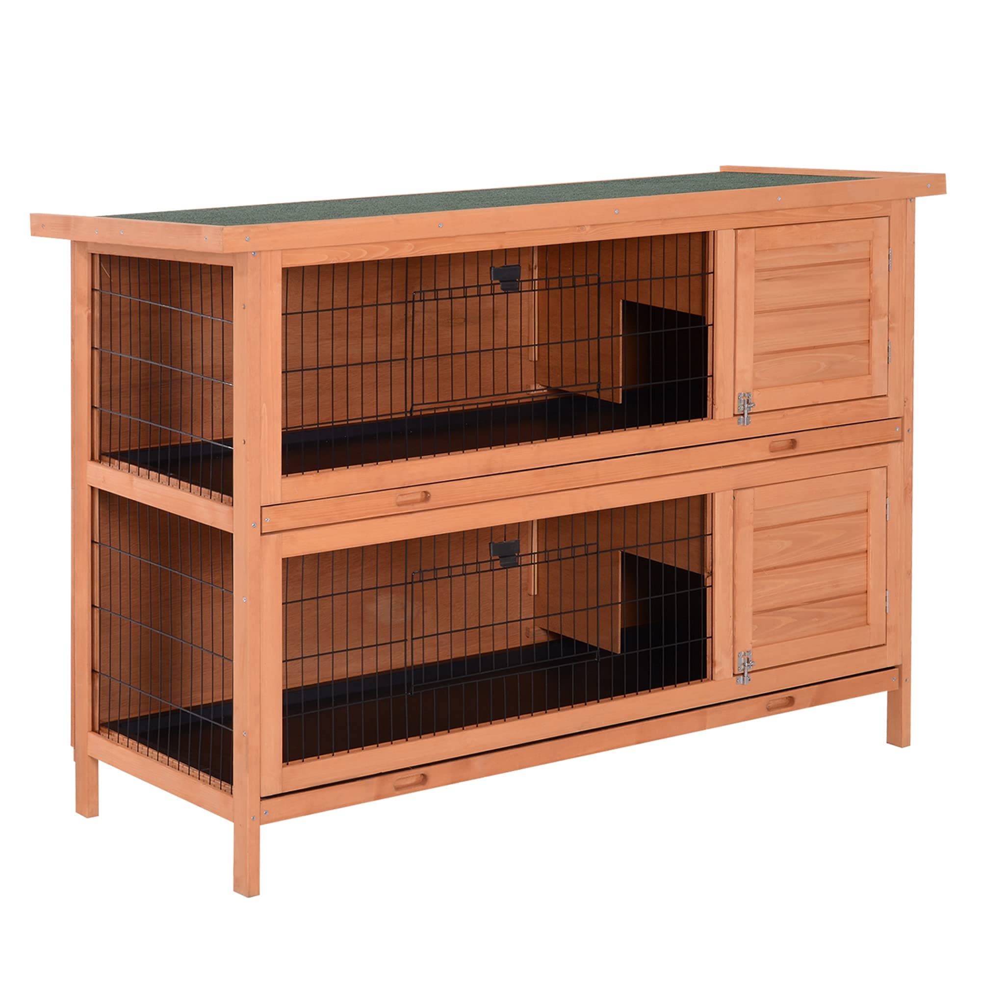 PawHut Clapier sur Pieds Cage à Lapin Double Niveau Plateaux excréments coulissants 4 Portes verrouillables dim. 137L x 50l x 93H cm Bois Massif pin Toit bitumé Vert