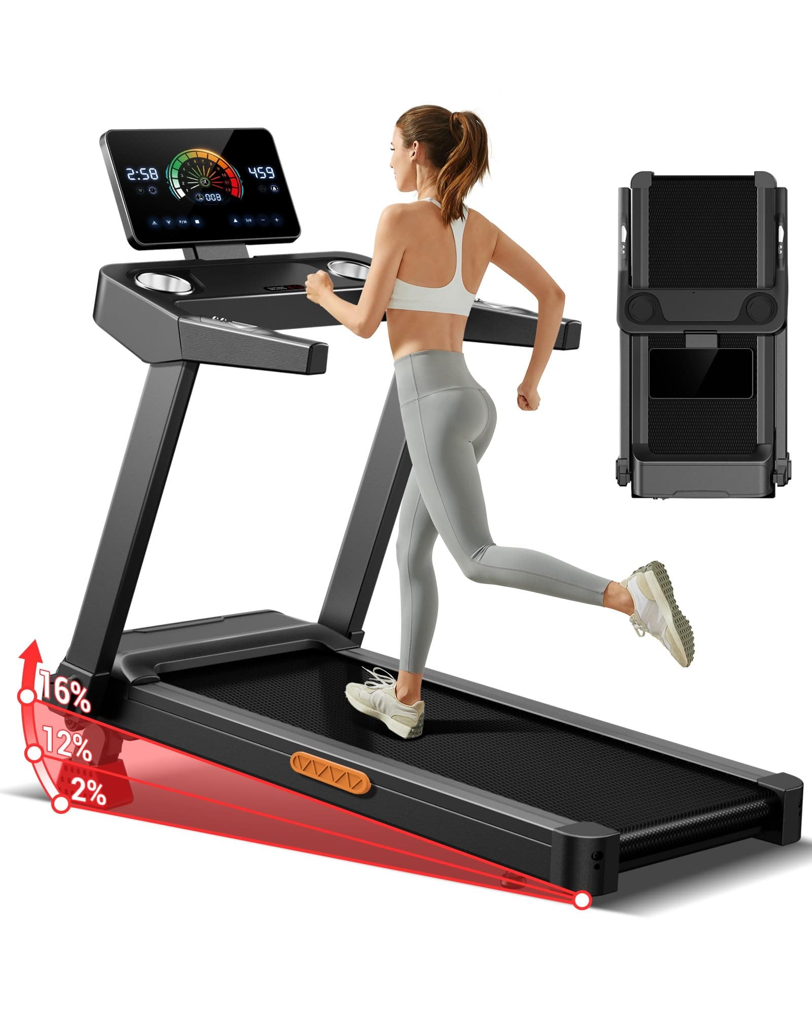 LONTEK Cinta de Correr Plegable con Inclinación 16%, 14 KM/H Cinta de Andar con Frecuencia Cardíaca, 3.5HP Caminadora Electrica para Casa con Pantalla LED, Capacidad de 180kg