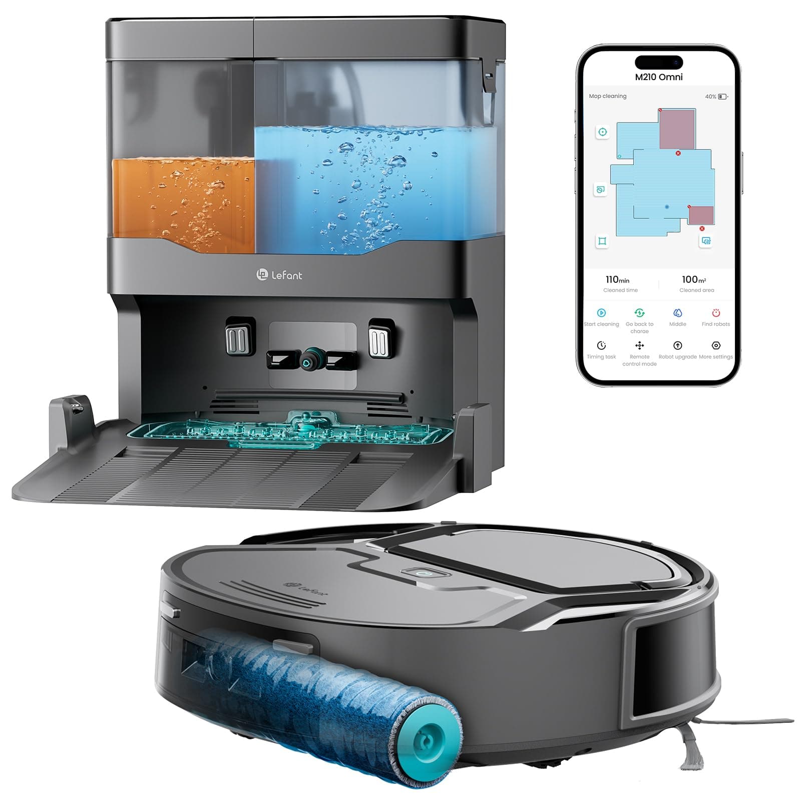 Lefant M210 Omni Mini Rouleau Robot Aspirateur Laveur, Aspiration 20000 Pa | Zéro Enchevêtrement Poils 800ML Corps 85mm Adapté Sols Carrelés & Poils Animaux Nettoyage Automatique Instantané WIFI APP