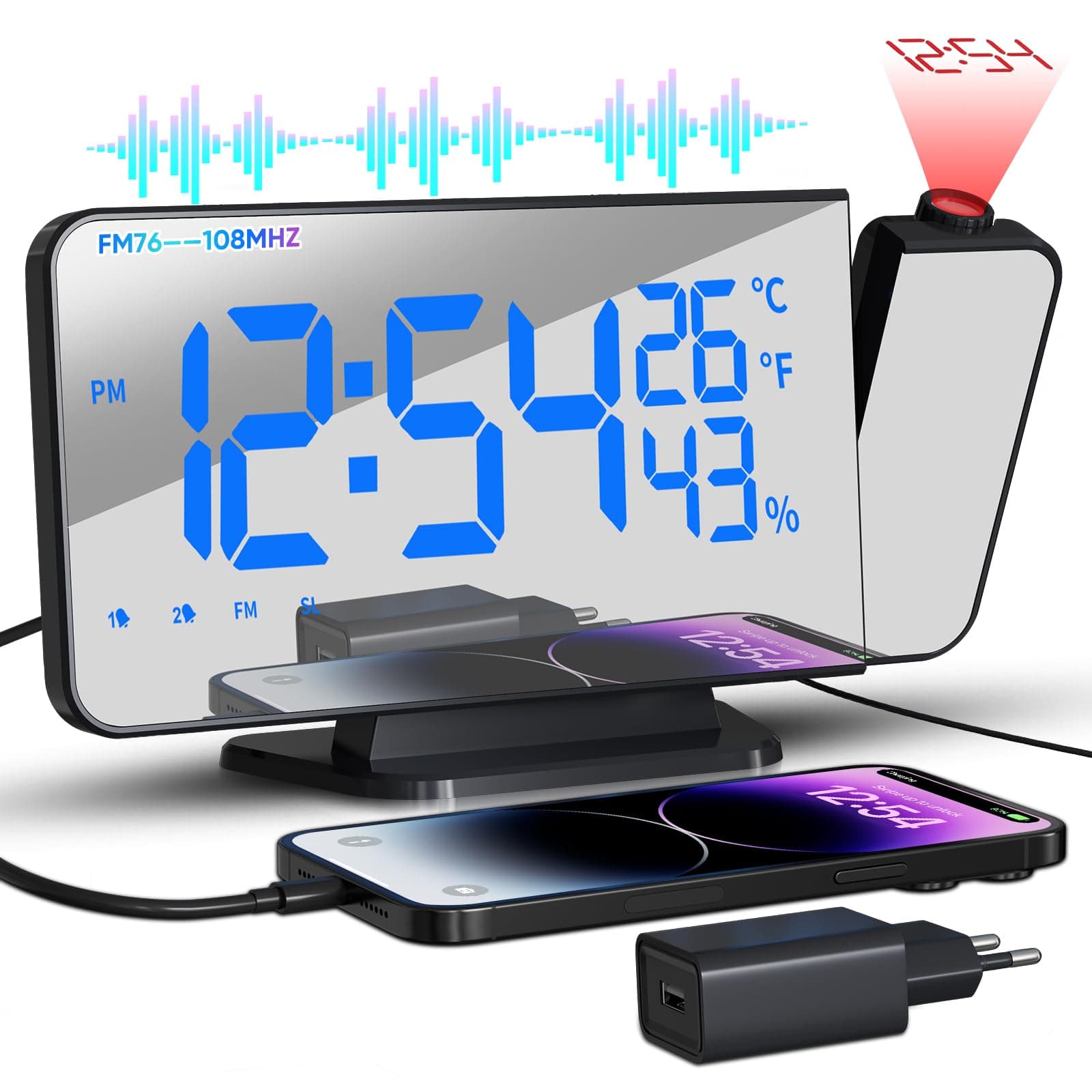 TAKRINK Sveglia con Proiettore 7,5 Pollici Radio Sveglia Digitale da Comodino con Proiettore con Rotazione di 180 ° Luminosità Regolabile con Temperatura Umidità