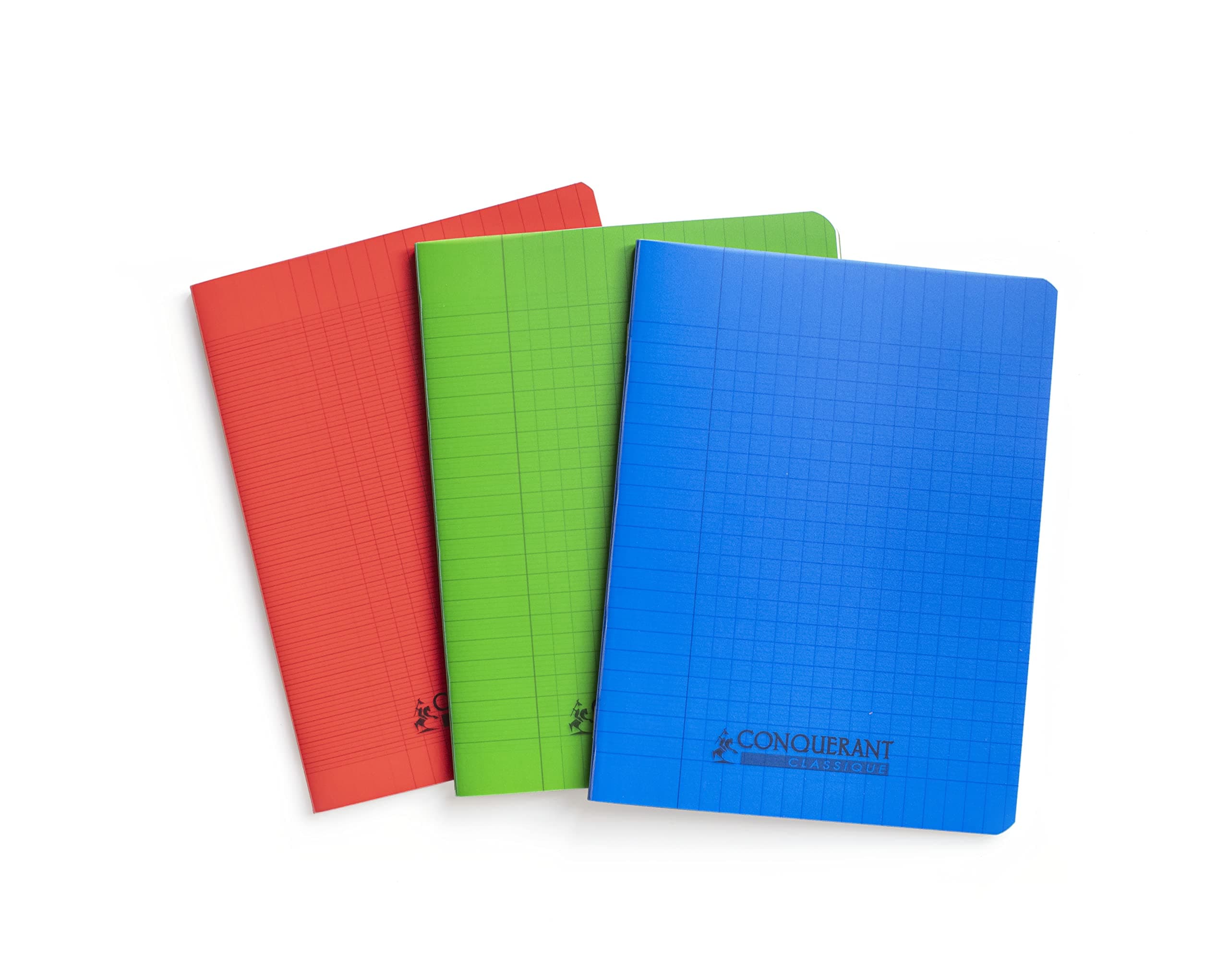 Conquérant Lot de 3 Cahiers 17 x 22 ‐ 96 Pages Seyes 90g Couverture Polypropylène Couleur Rouge, Bleu, Vert