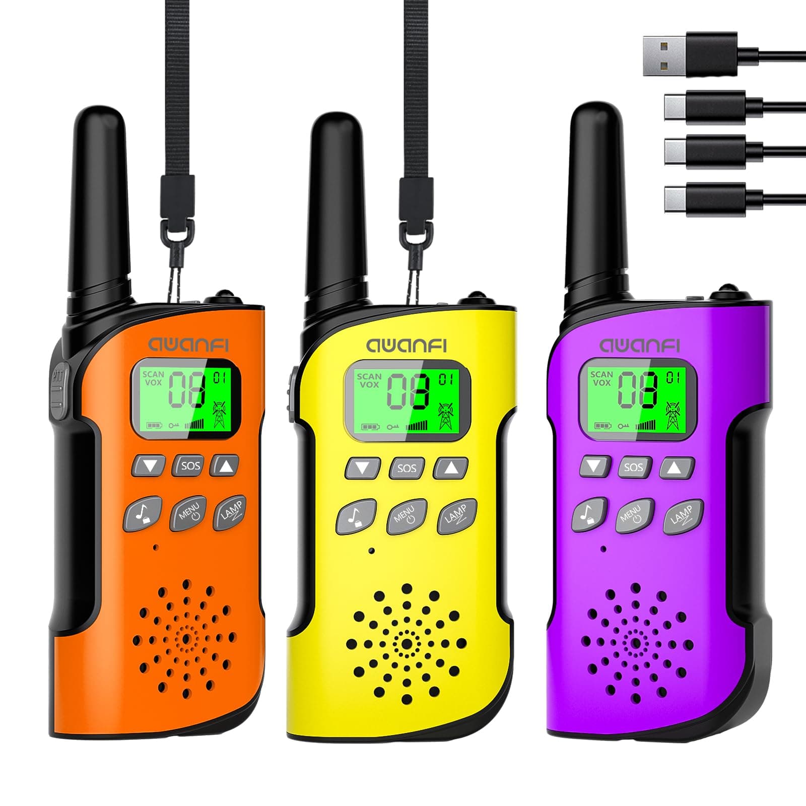 AWANFI Walkie Talkie para Niños, Walkie Talkie Recargable con Batería Li-Ion, 3KM de Larga Alcance, Walkie-Talkies para Acampar Aventuras, Regalos para Niños de 3 a 12 Años, 3 Piezas