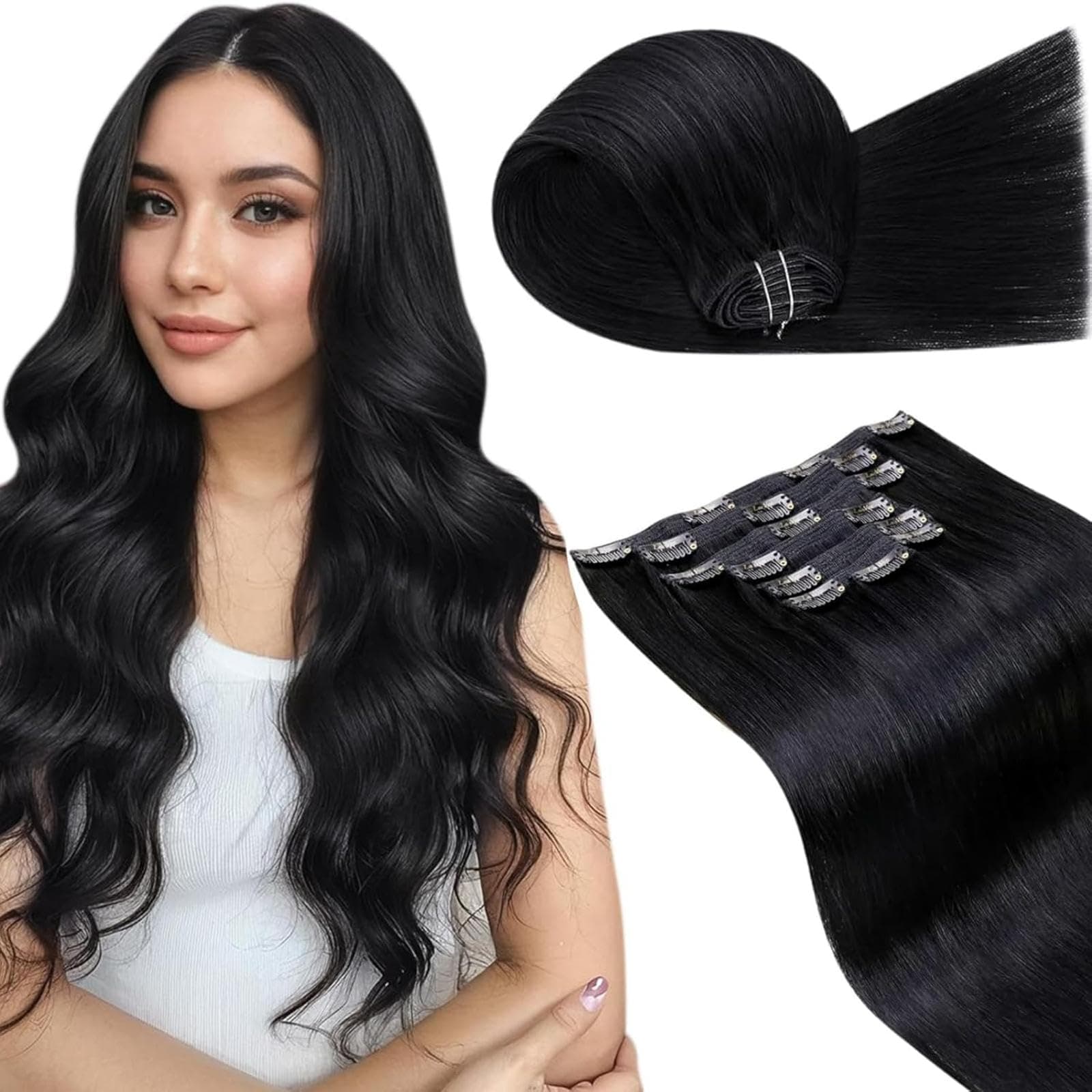 LaaVoo Extension Cheveux Naturel Clip – Noir Profond – 60cm 7pcs 150g – Discret Clip Pratique – Lisse – Style Chic – #1