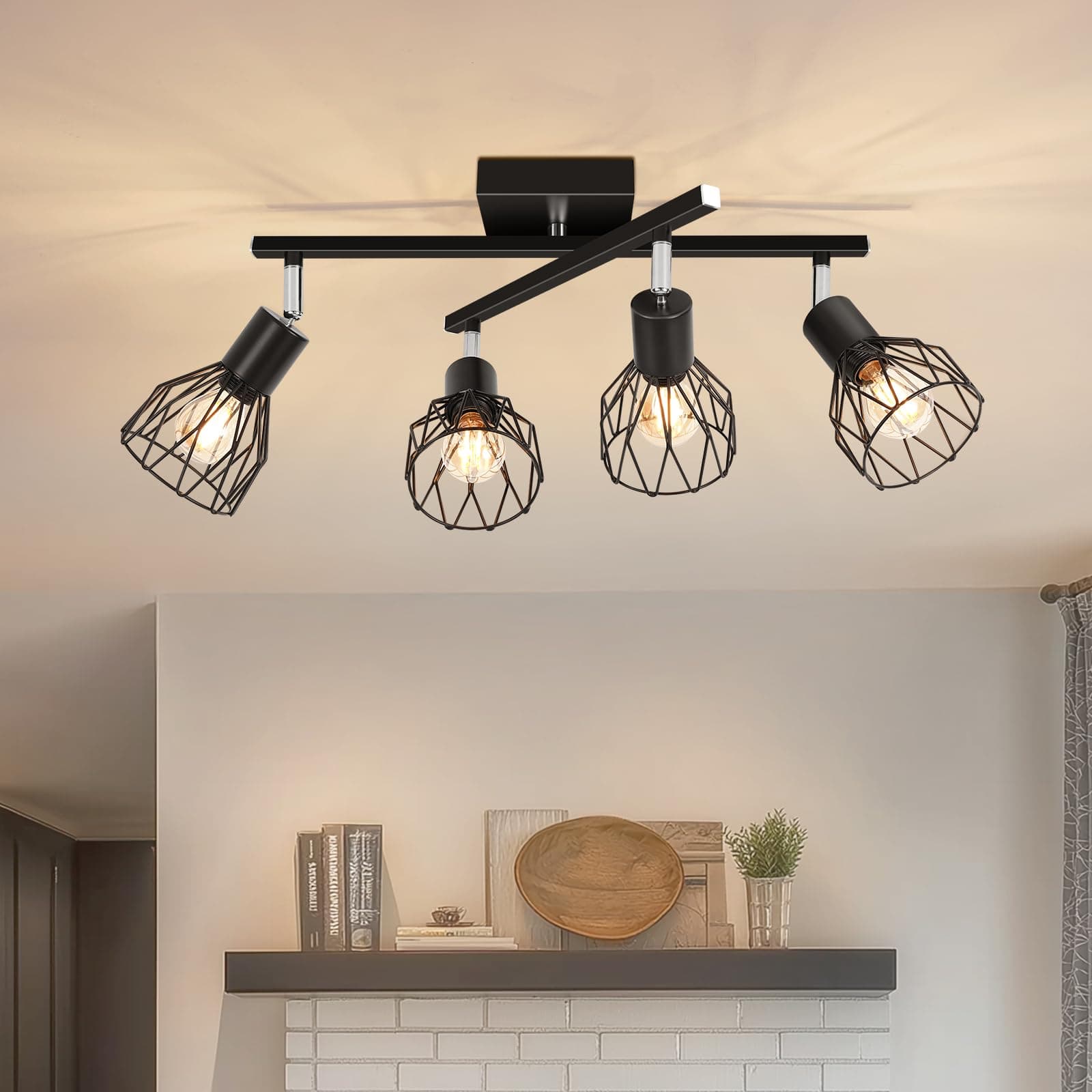 Kimjo Plafonnier Led 4 Spots Orientable, Noir Spots de Plafond Intérieurs, Rampe Spots avec Douille E14, Luminaire Spots pour Chambre, Salon, Salle à Manger, Couloir (Sans Ampoules)