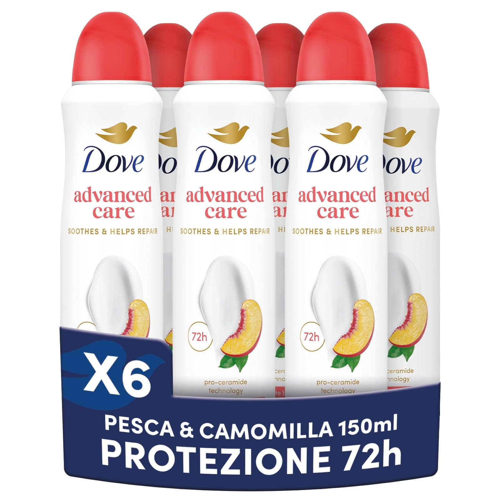 Dove Deodorante Spray Advanced Care Go Fresh Pesca, con Formula Idratante e Delicata sulla Pelle, Senza Alcol, Pelle Asciutta Fino a 72 Ore, Deodorante Uomo e Donna, 6 Pezzi da 150ml