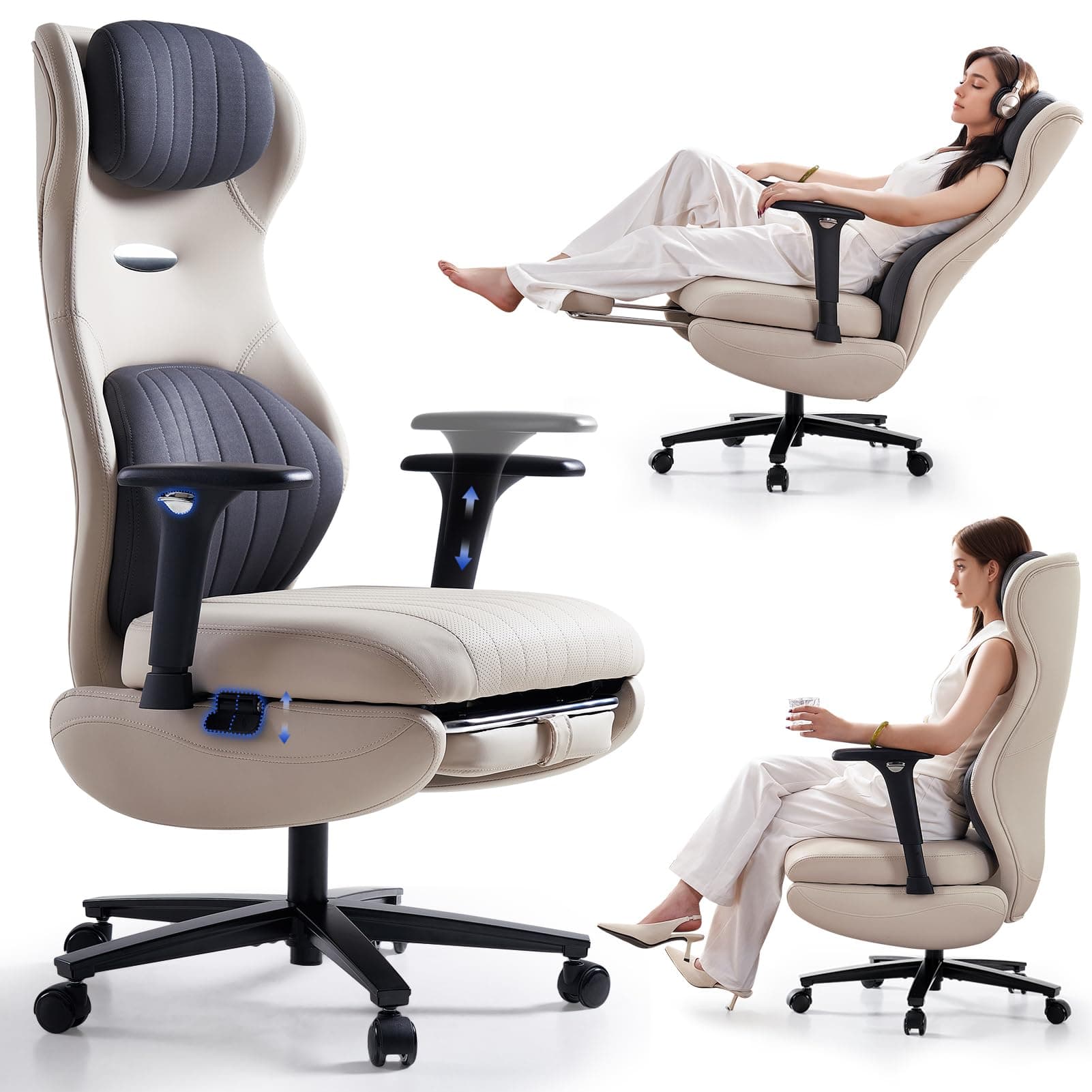 EMIAH Fauteuil de Bureau Ergonomique, Chaise de Bureau Inclinable avec Repose-Pieds, Réglables Accoudoirs, Fauteuil de Jeu à Haut Dossier, Chaise d'ordinateur avec Support Lombaire, Cuir PU (Blanc)